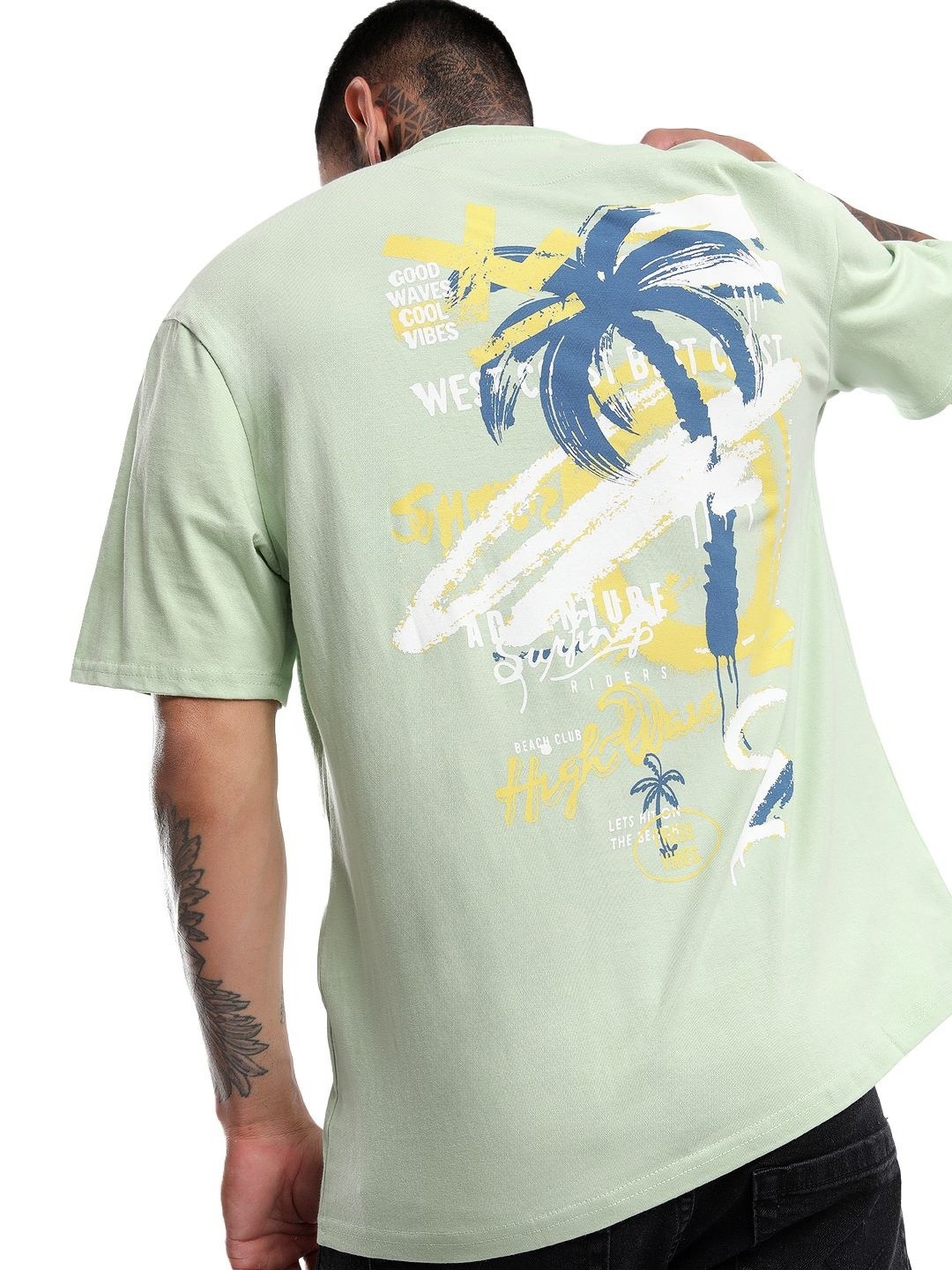 

WROGN Men Graphic Printed Round Neck Cotton Oversized T-Shirt, Green