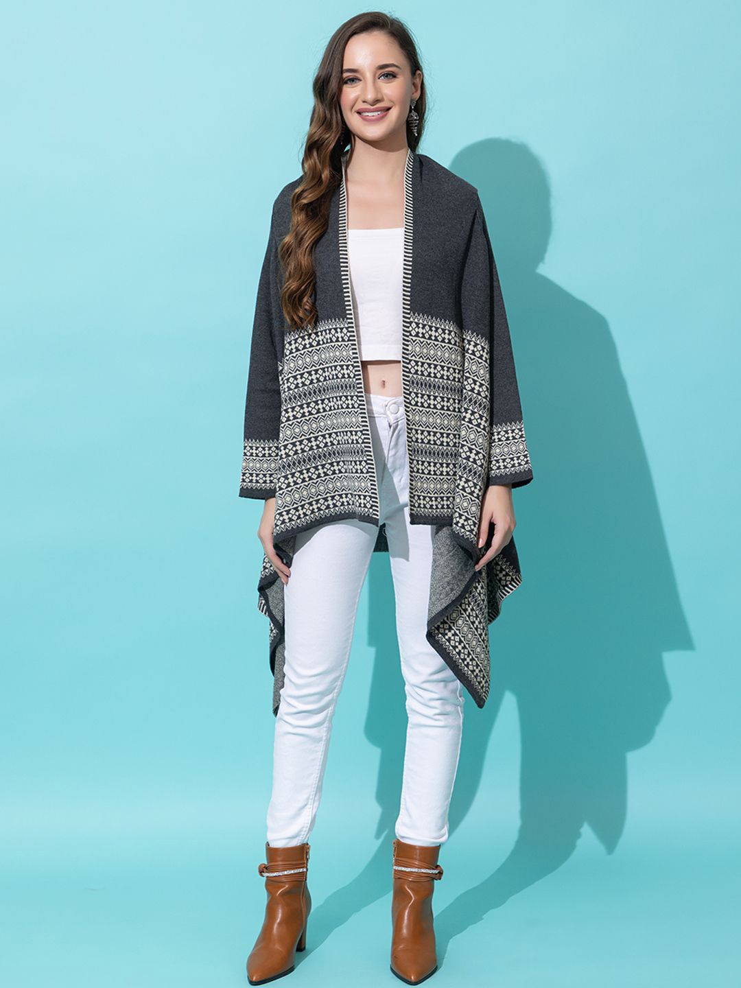 

Anouk Grey Melange Ethnic Motifs Printed V-Neck Winter Open Front Shrug