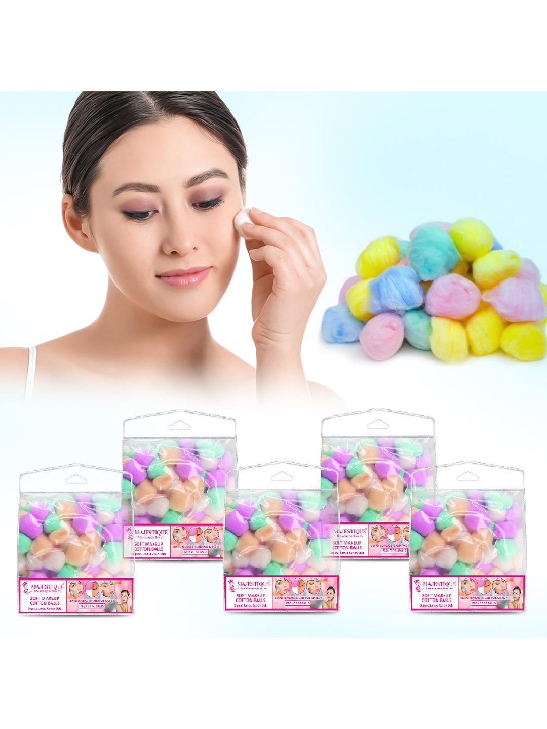 

MAJESTIQUE Set of 5 Natural Cotton Balls for Face Cleansing & Make-Up - 50 Pcs each, Multi