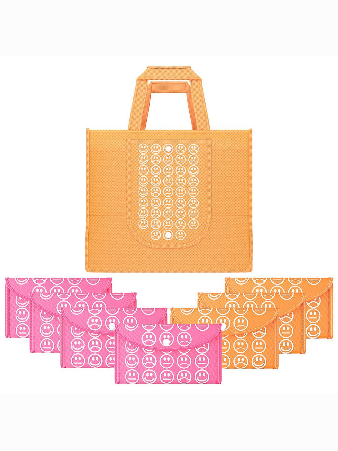 

Kuber Industries Set of 8 Smiley Printed Lightweight Foldable & Reusable Shopping Bags, Orange