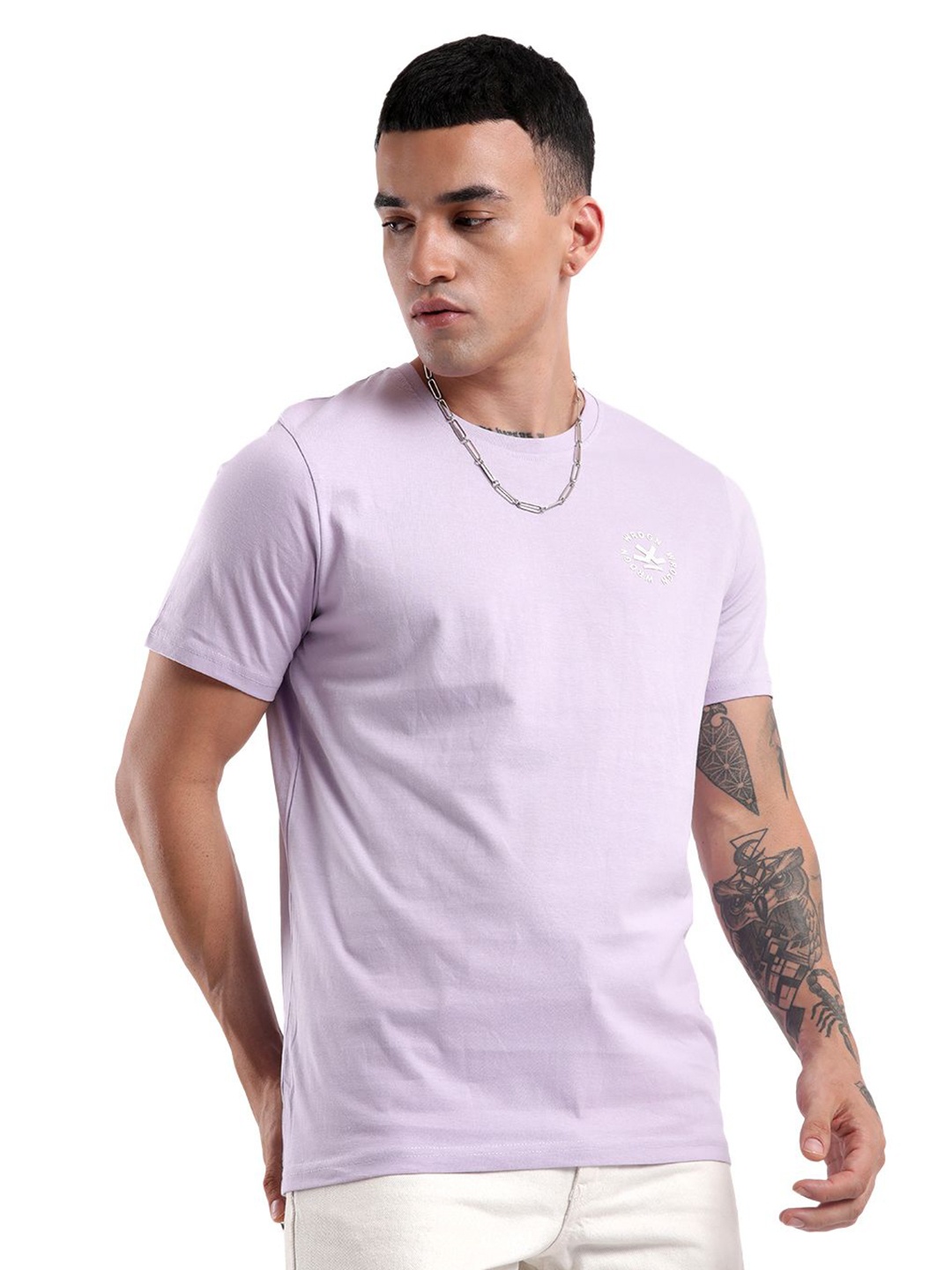 

WROGN Men Solid Round Neck Cotton Slim Fit T-Shirt, Purple