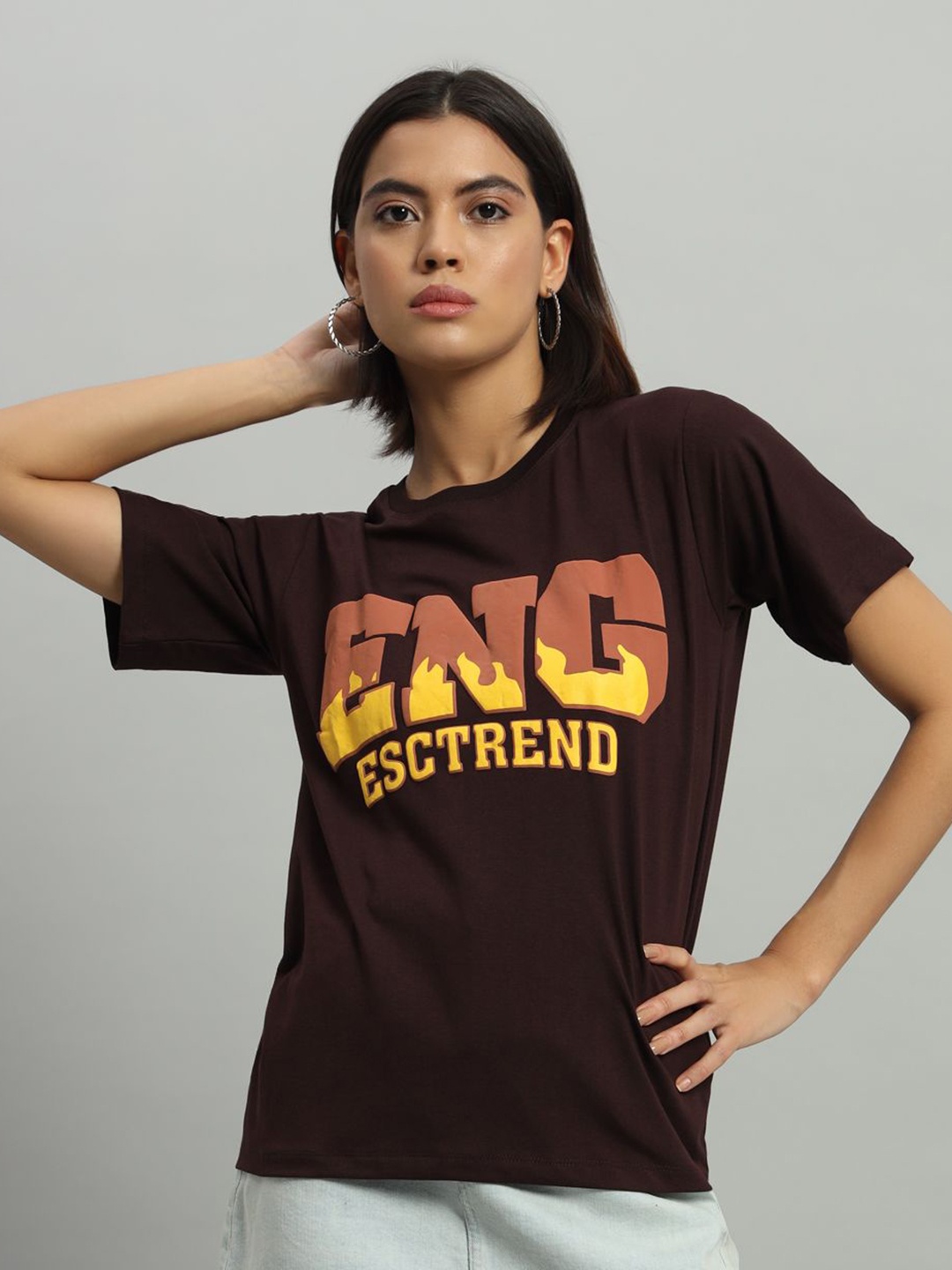 

AECK Women Typography Printed Round Neck Cotton T-Shirt, Coffee brown