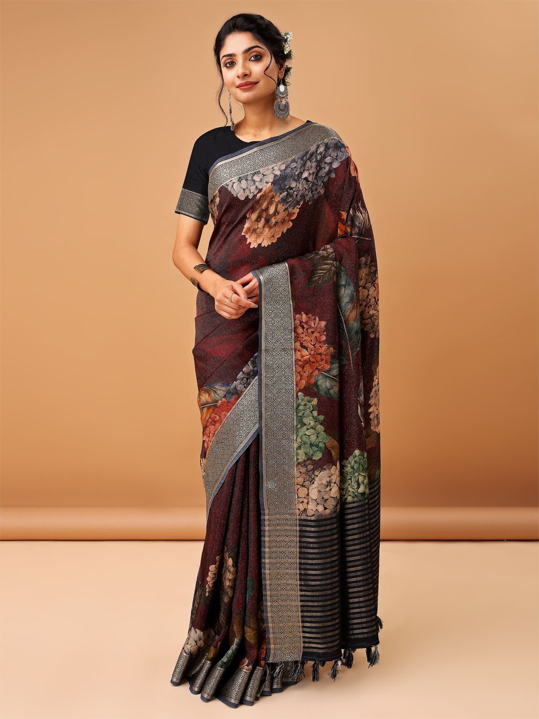 

ETHNIC TODAY Floral Zari Saree, Maroon