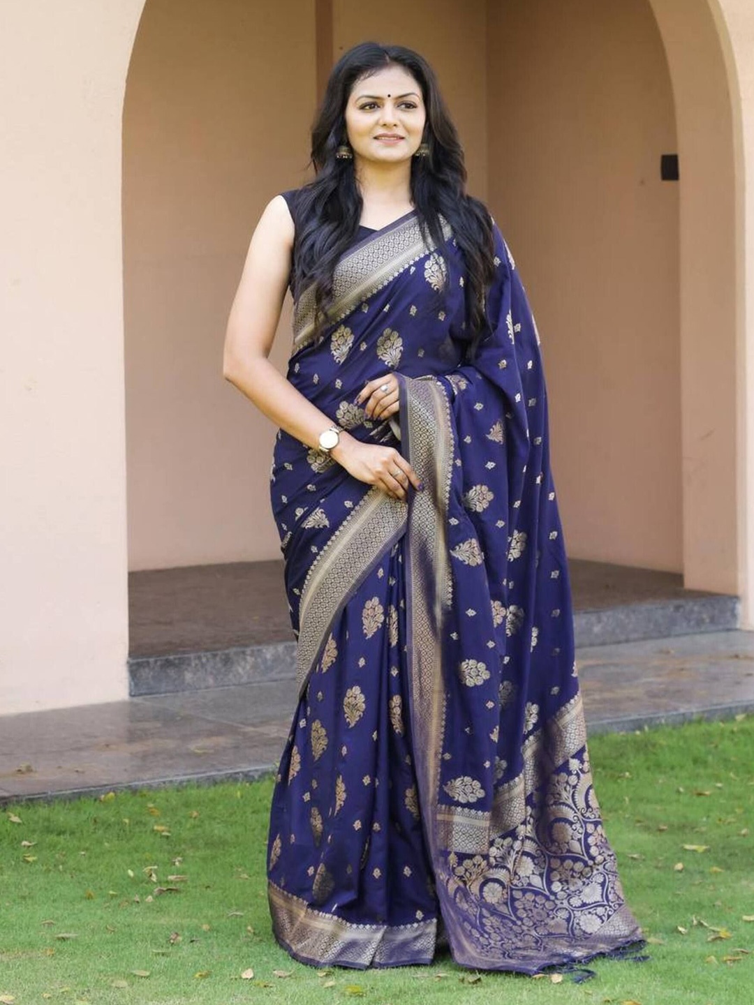

SANJANA SILK Ethnic Motifs Zari Banarasi Saree, Navy blue