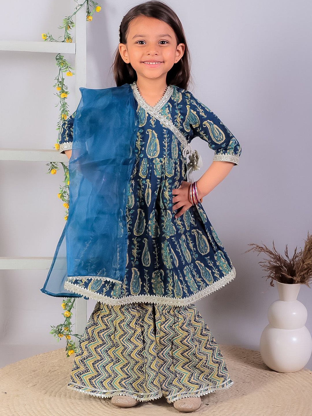 

BownBee Girls Paisley Printed Empire Pure Cotton Anarkali Kurta With Sharara & Dupatta, Blue