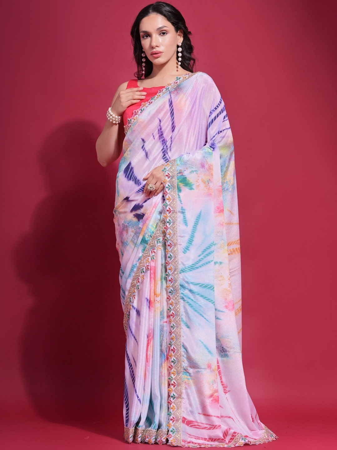 

Panzora Tie and Dye Printed Sequinned Saree, Pink
