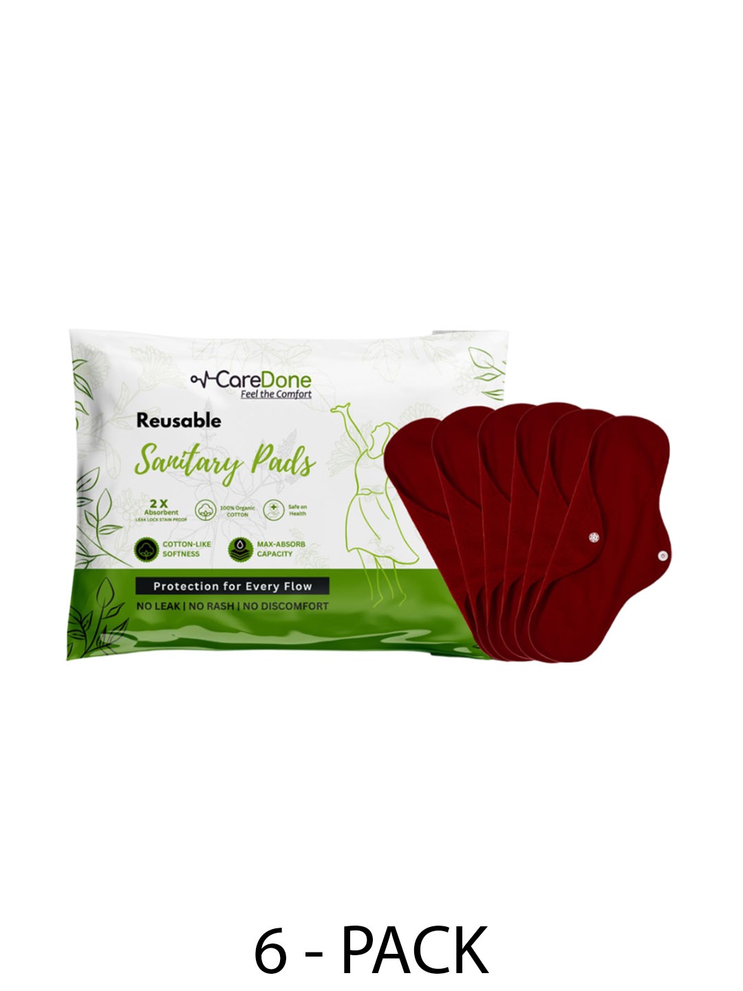 

CareDone Set Of 6 Reusable 100% Organic Cotton Sanitary Cloth Pads - XL, Maroon