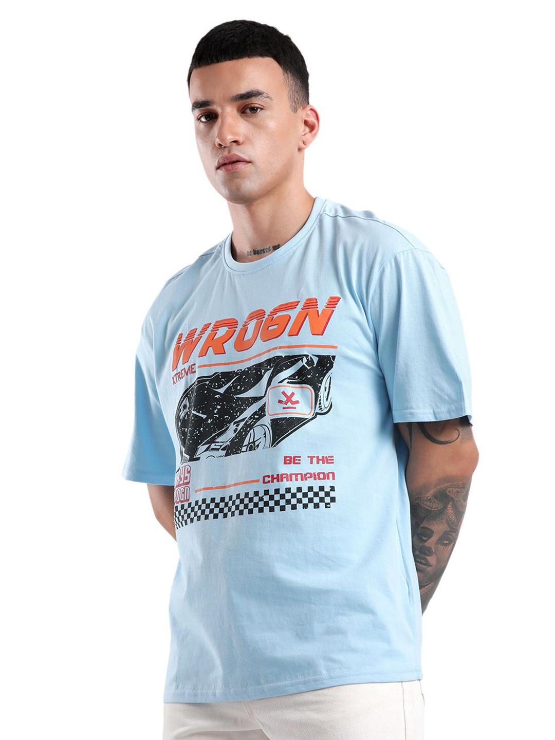 

WROGN Men Graphic Printed Round Neck Cotton Oversized T-Shirt, Blue