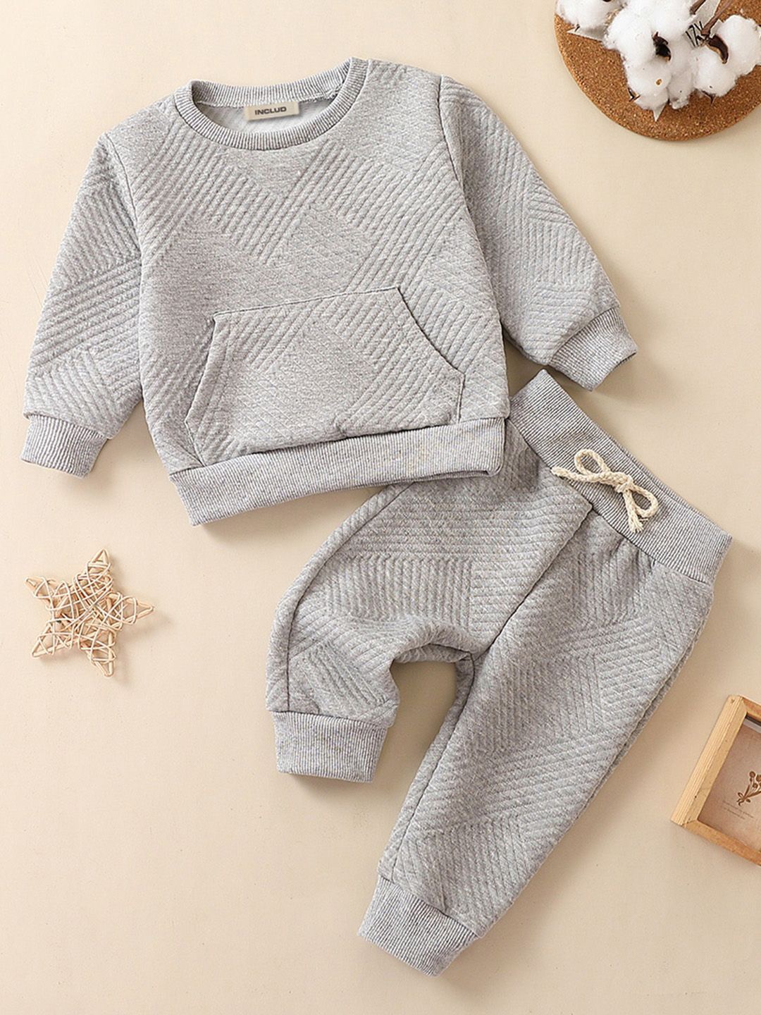 

INCLUD Boys Self Design Round Neck Long Sleeves Sweatshirt With Trouser, Grey