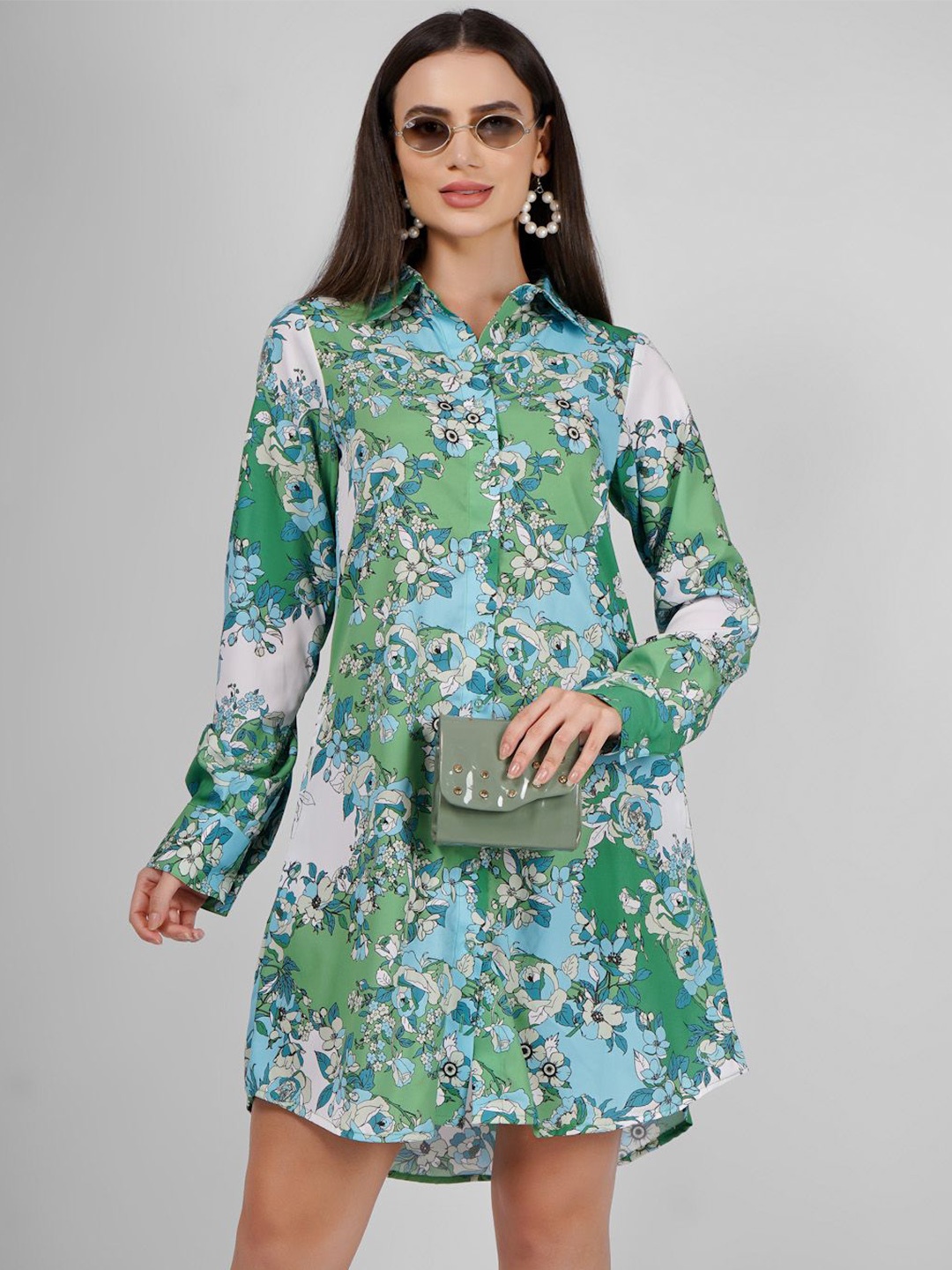 

Sukshat A-Line Floral Mini Shirt Dress, Green