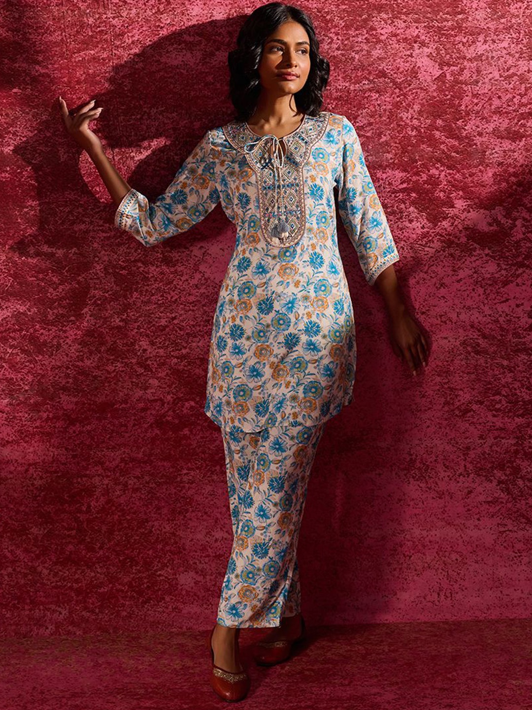 

Lakshita Printed Tunic With Trouser, Turquoise blue