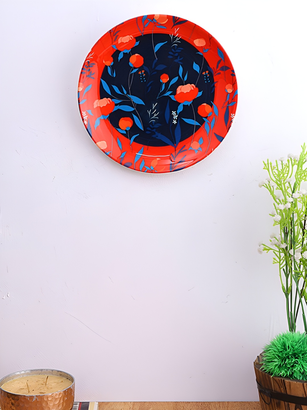 

PENTADECO Red & Navy Blue Floral Printed Ceramic Wall Plate, Coral