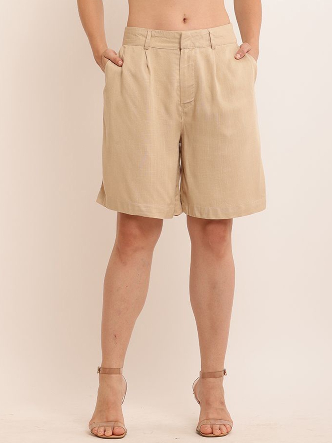 

NoBarr Women Solid Mid-Rise Shorts, Beige