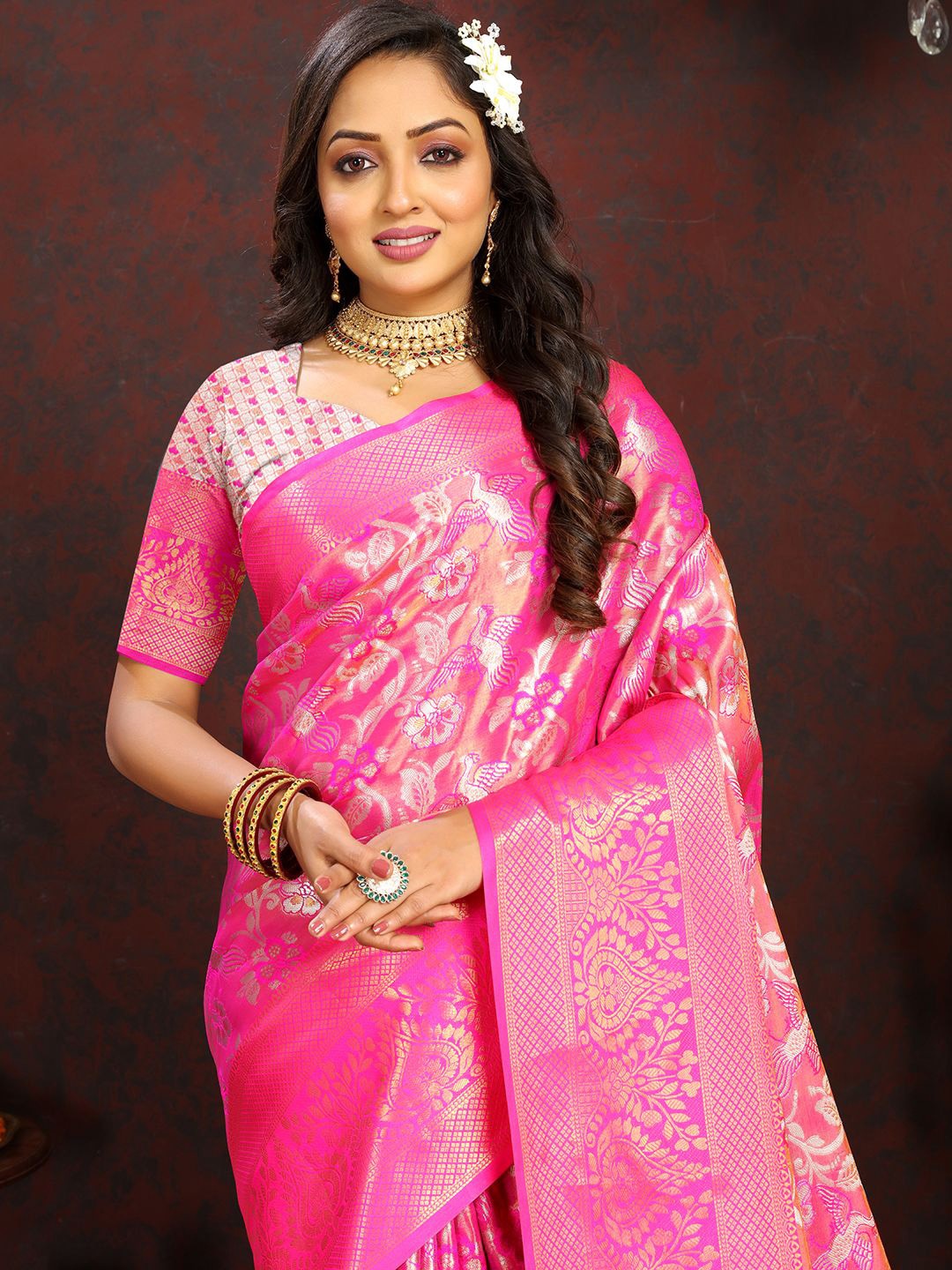 

NIWAA Woven Design Zari Kanjeevaram Saree, Pink