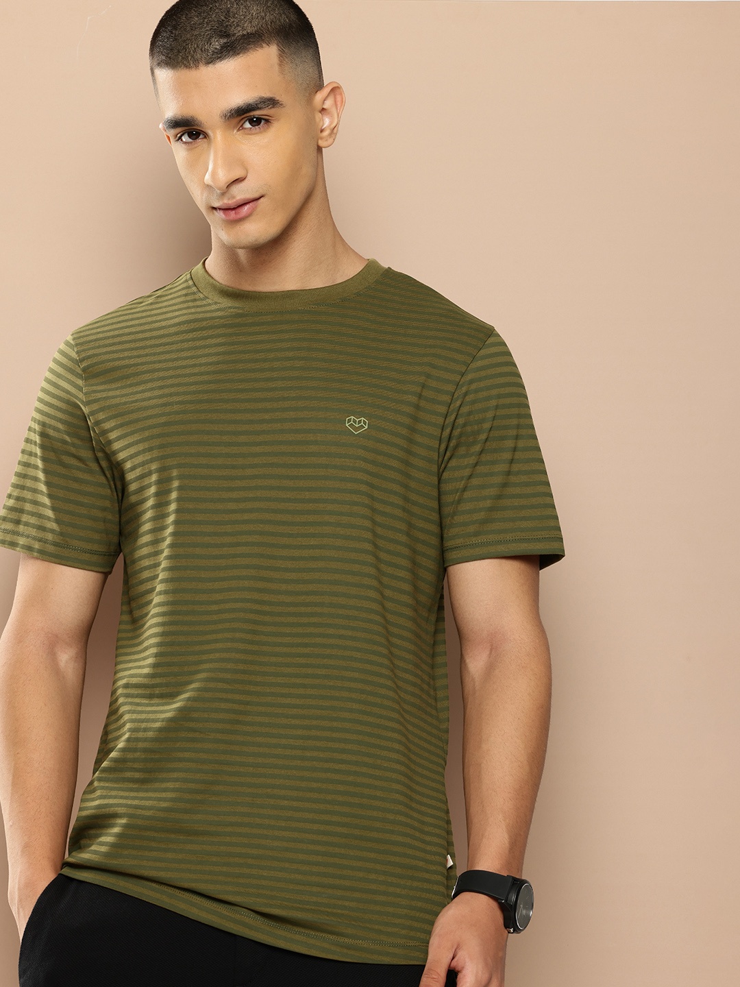 

INVICTUS Pure Cotton Striped Casual T-shirt, Green