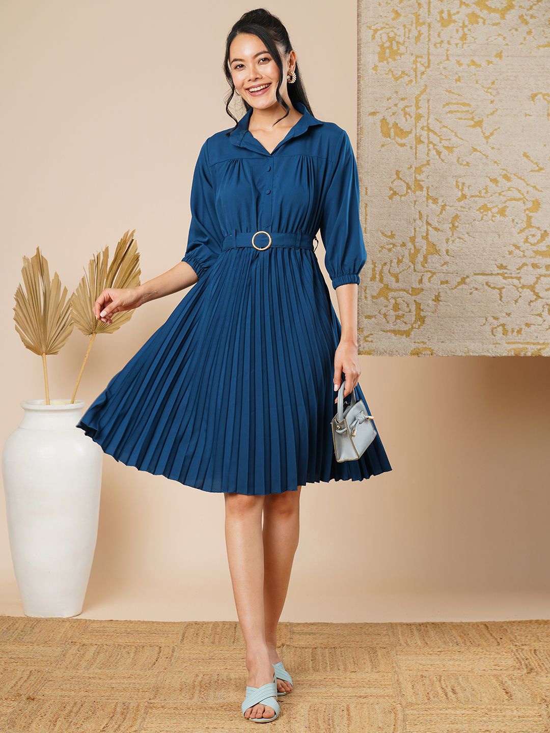 

CARTYSHOP Solid Pleated Fit & Flare Midi Dress, Teal