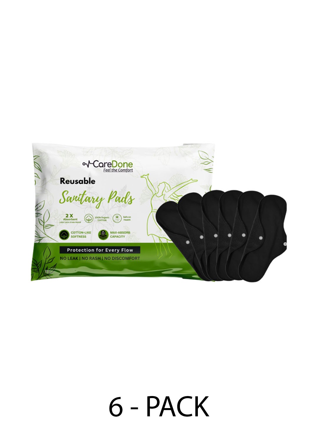 

CareDone Set Of 6 Reusable 100% Organic Cotton Sanitary Cloth Pads - XL, Black