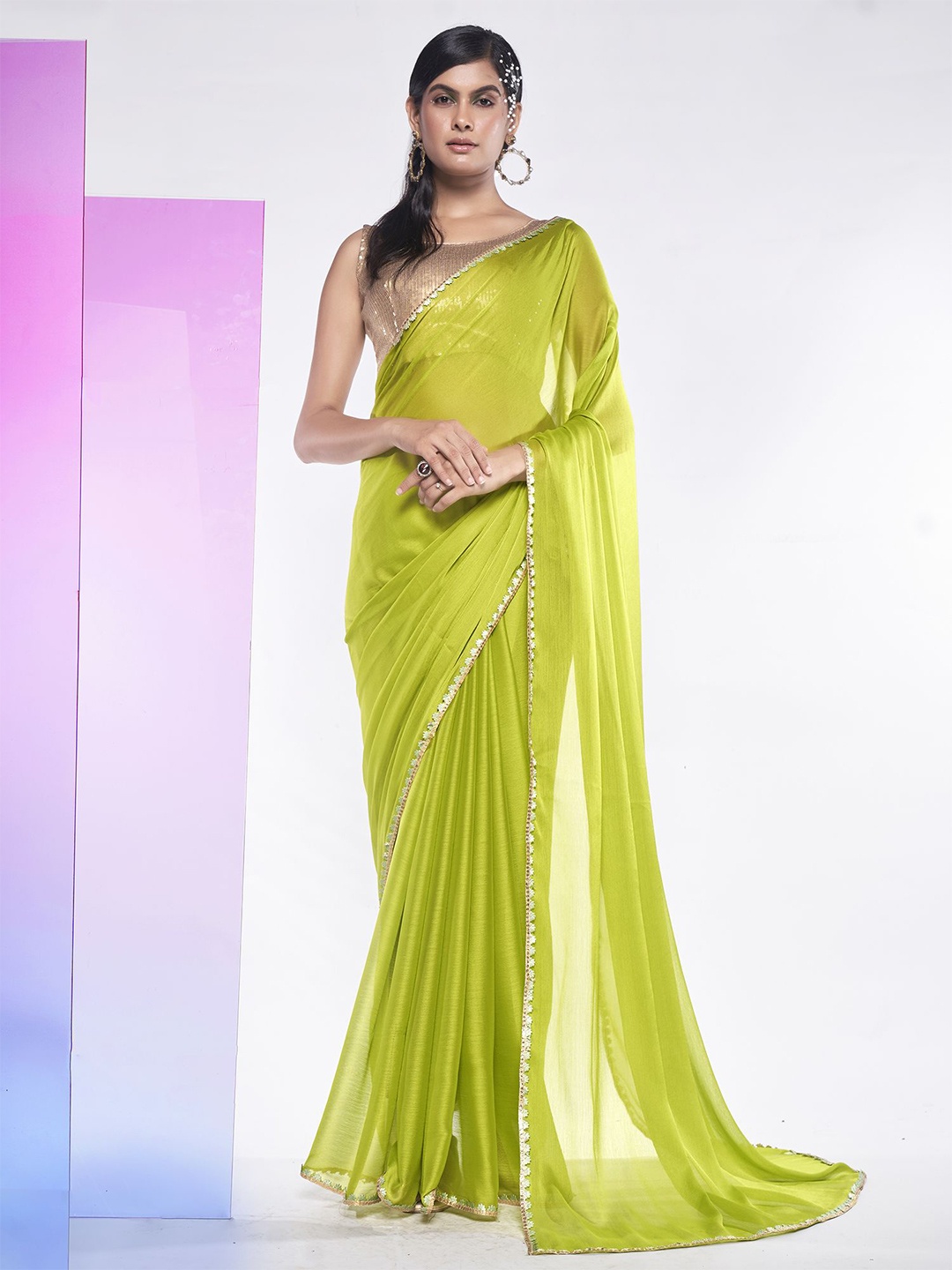 

Mitera Sequinned Embellished Pure Chiffon Ready to Wear Saree, Fluorescent green