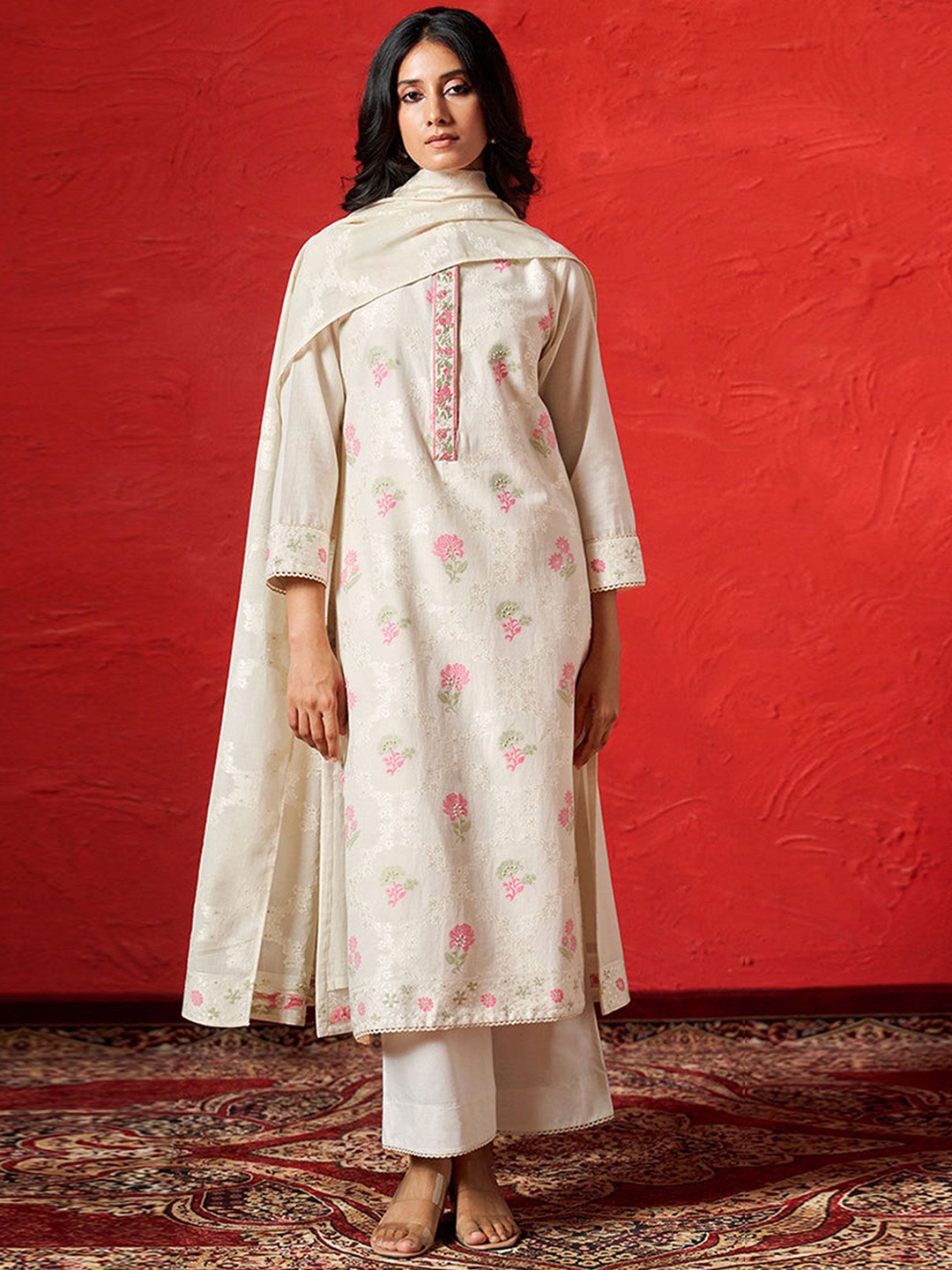 

Ganga Women Regular Pure Cotton Kurta with Palazzos & With Dupatta, White