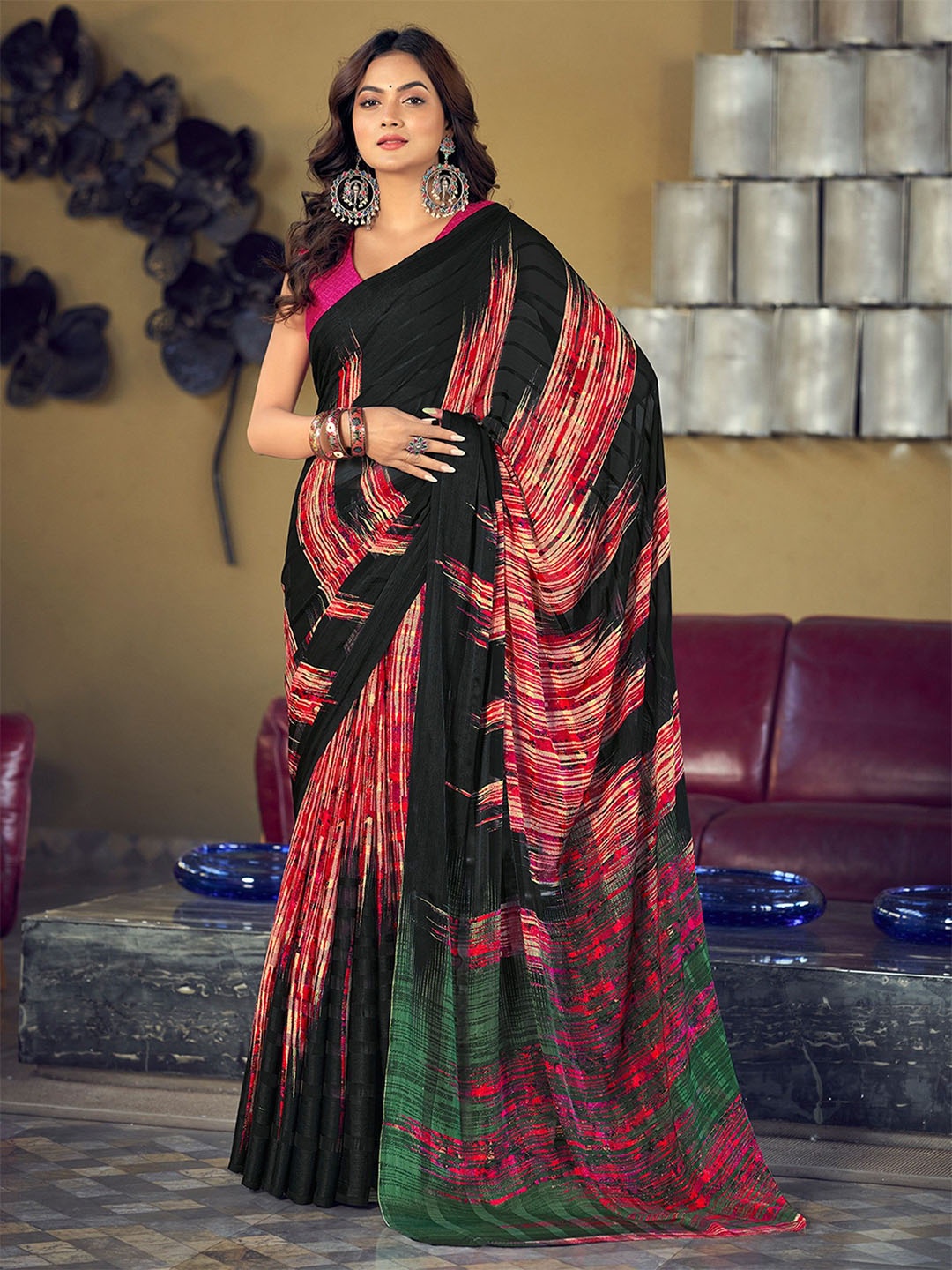 

Panzora Poly Chiffon Saree, Black