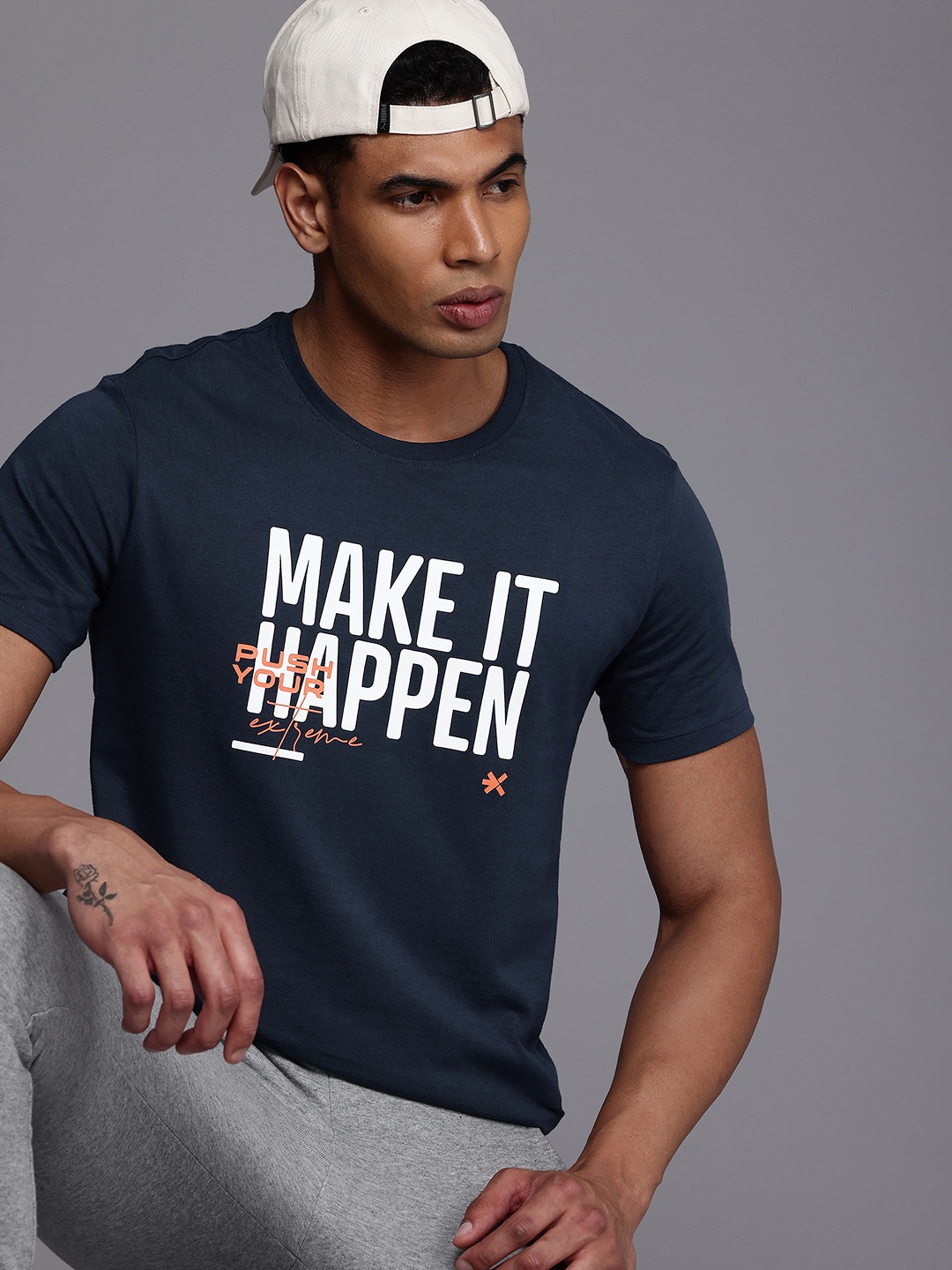 

HRX by Hrithik Roshan Typography Printed Pure Cotton T-shirt, Navy blue