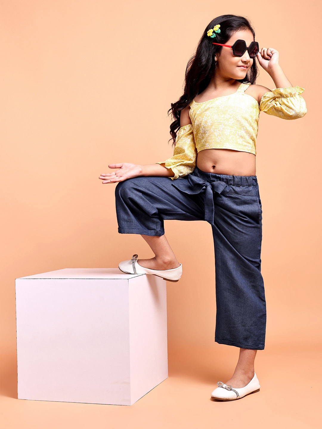 

YK Girls Printed Shoulder Straps Pure Cotton Top with Palazzos, Yellow