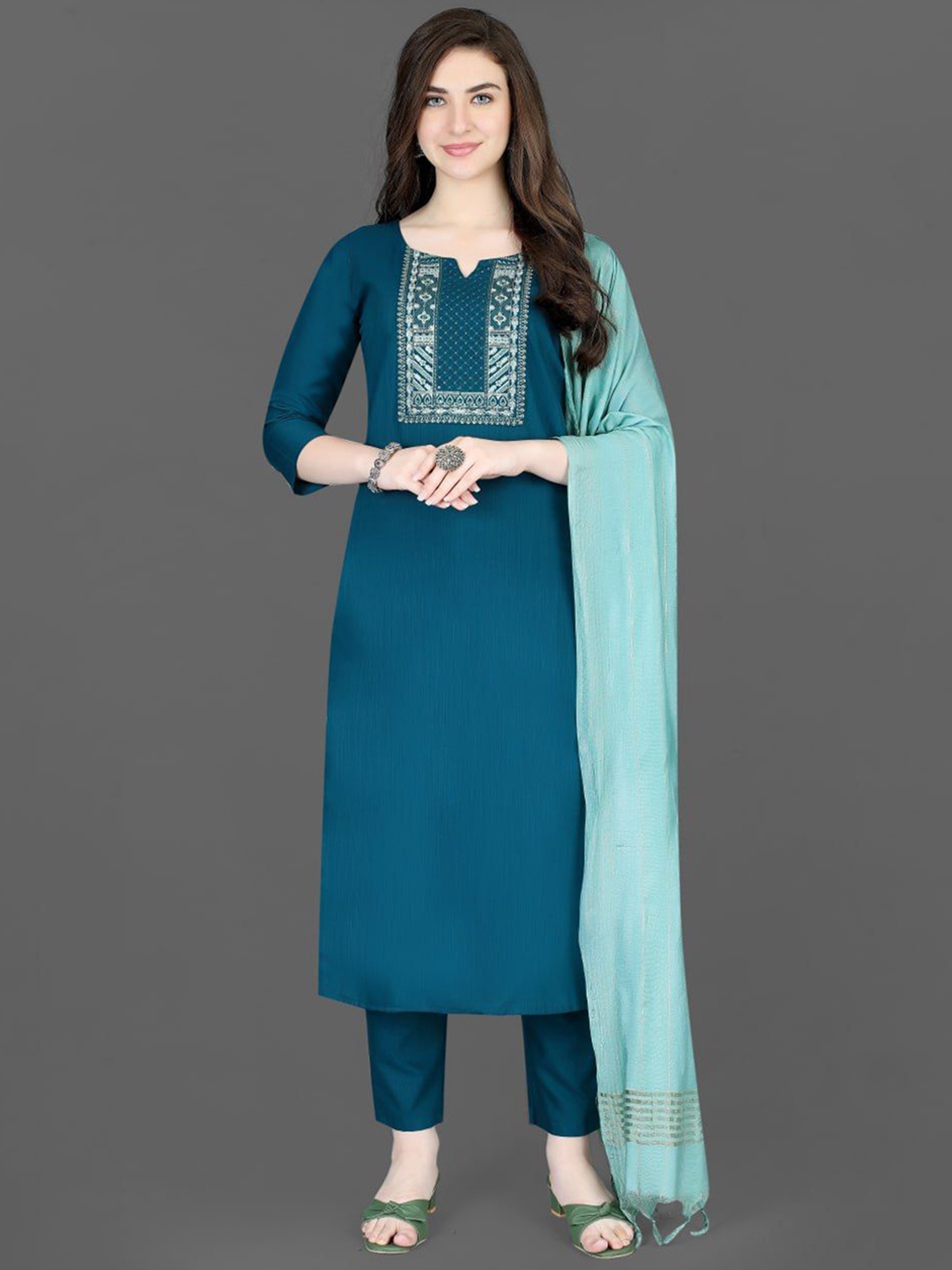 

Growdamy Ethnic Motifs Yoke Design Straight Kurta With Trousers & Dupatta, Teal