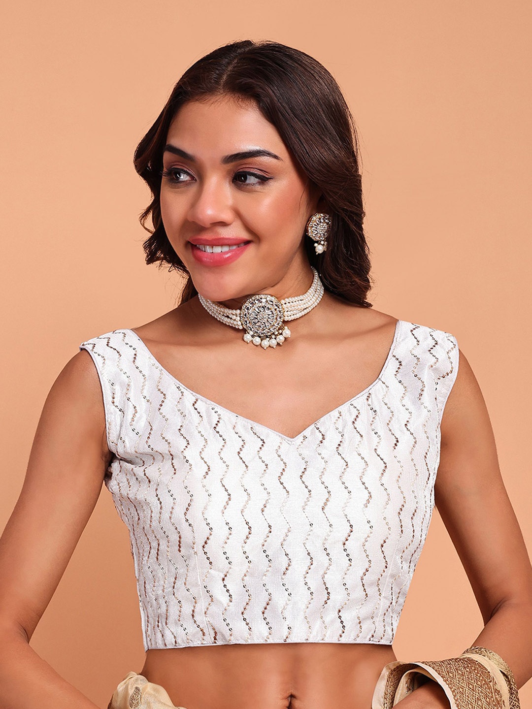 

Globon Impex Embellished Silk Saree Blouse, White