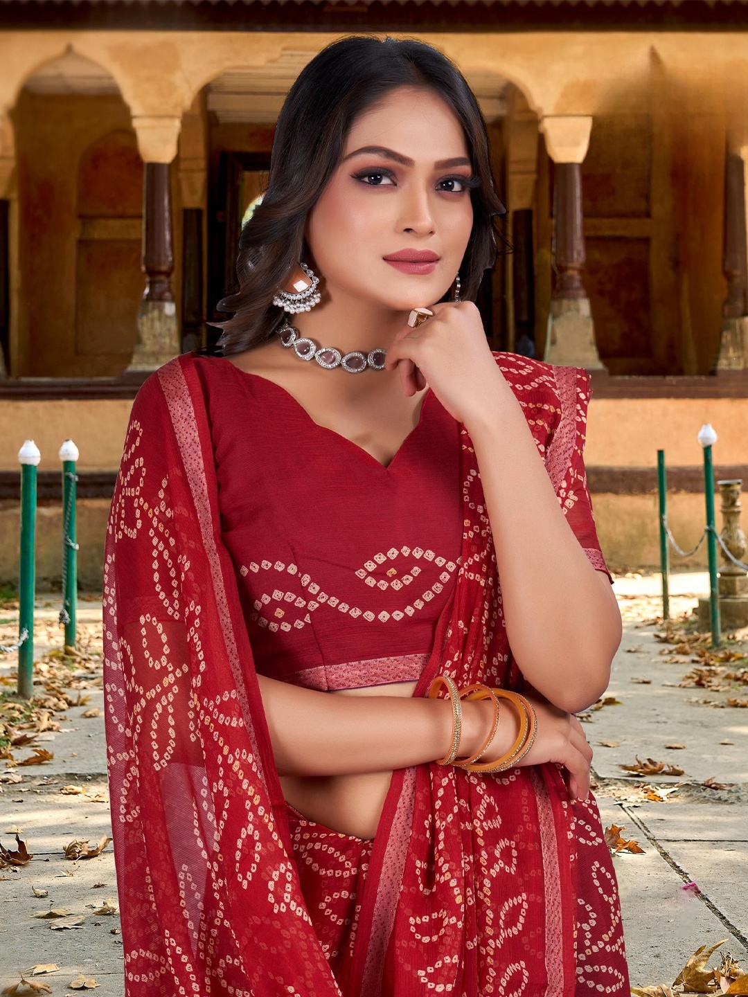 

Kalista Bandhani Printed Pure Chiffon Bandhani Saree, Maroon