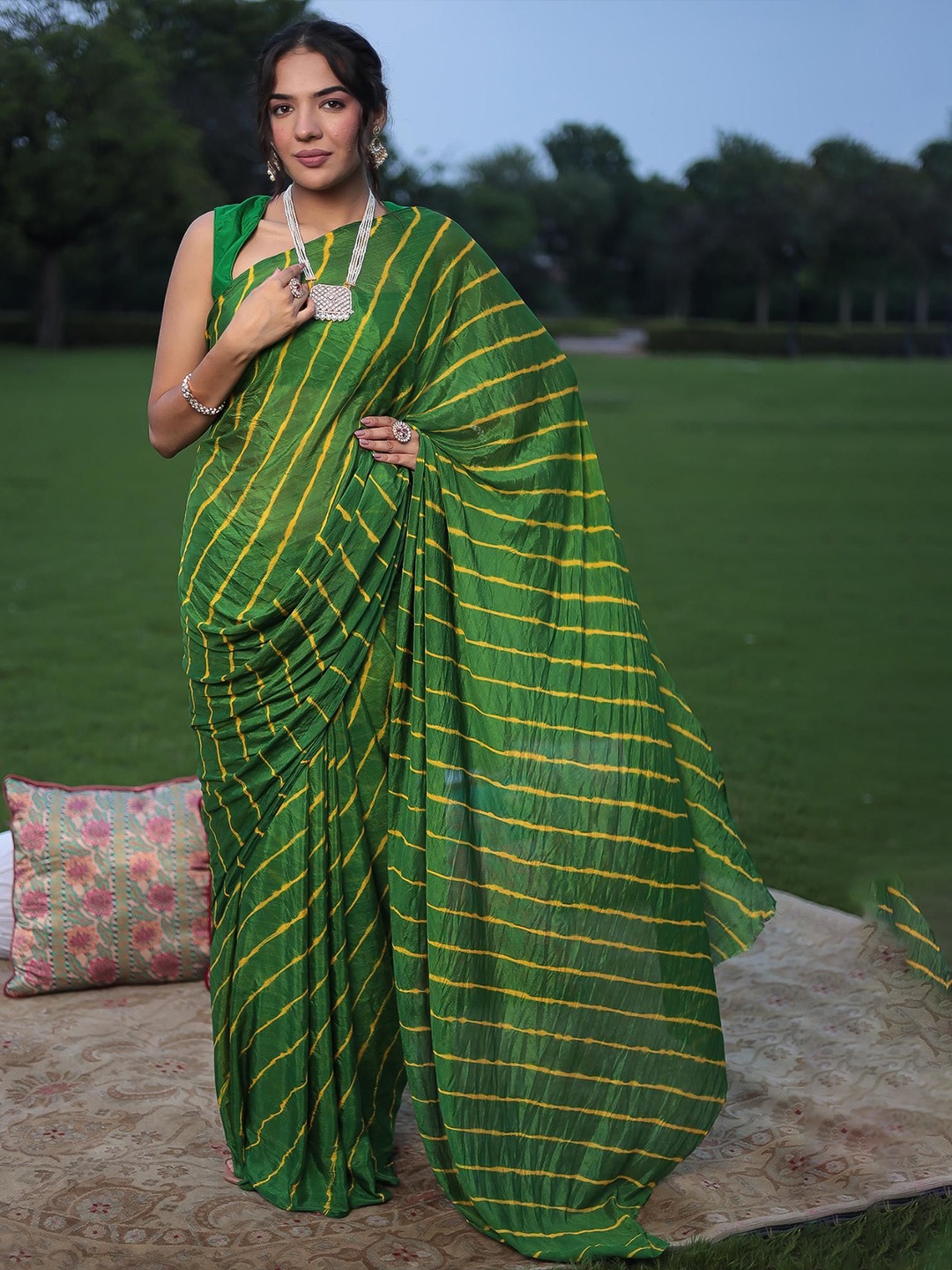 

ZARI Pure Chiffon Leheriya Saree, Green