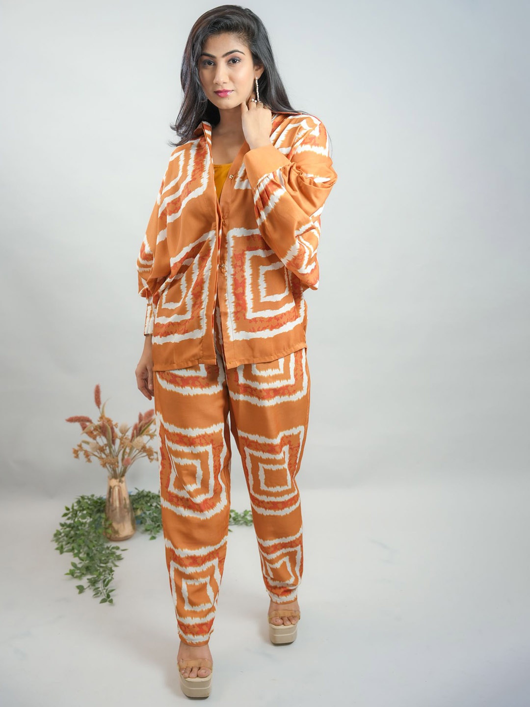 

GO BOUJEE Printed Long Sleeves Shirt With Top & Trouser, Orange