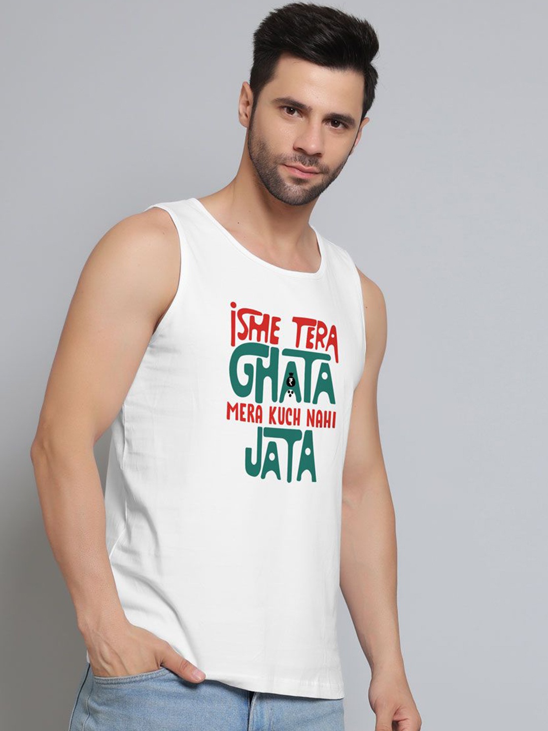 

DAB SHARK Printed Cotton Sleeveless Gym Vest, White