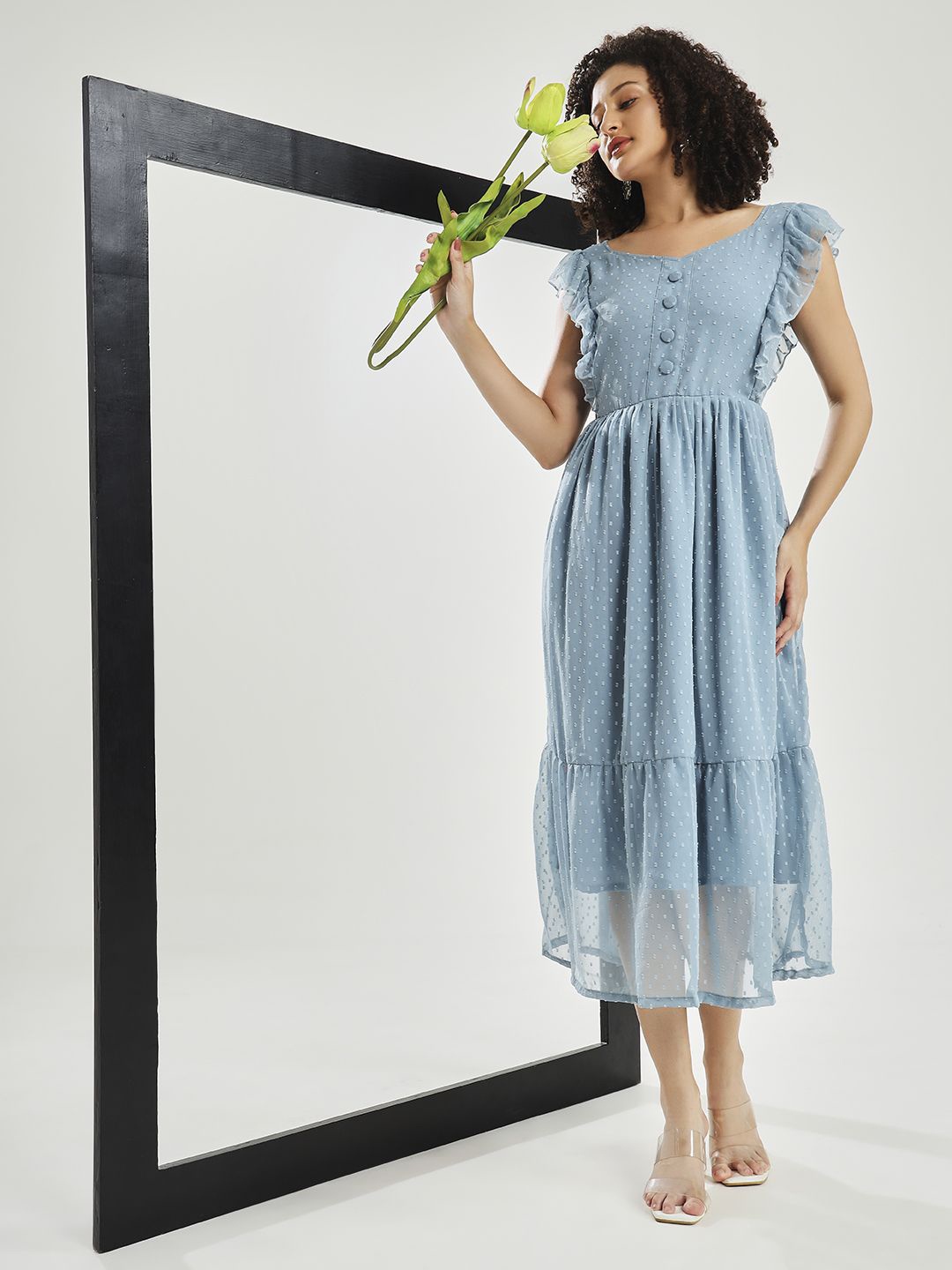 

CARTYSHOP Flutter Sleeve Dobby Woven Fit & Flare Midi Dress, Grey