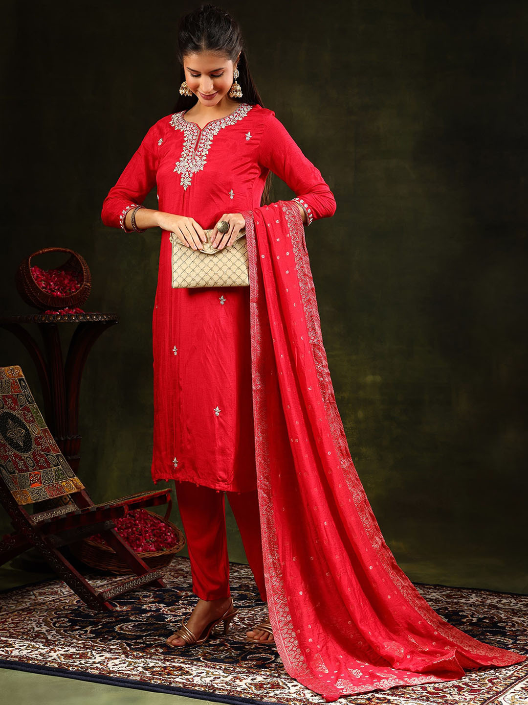 

Berrylicious Women Ethnic Motifs Embroidered Regular Beads and Stones Pure Silk Kurta with Trousers & With, Red