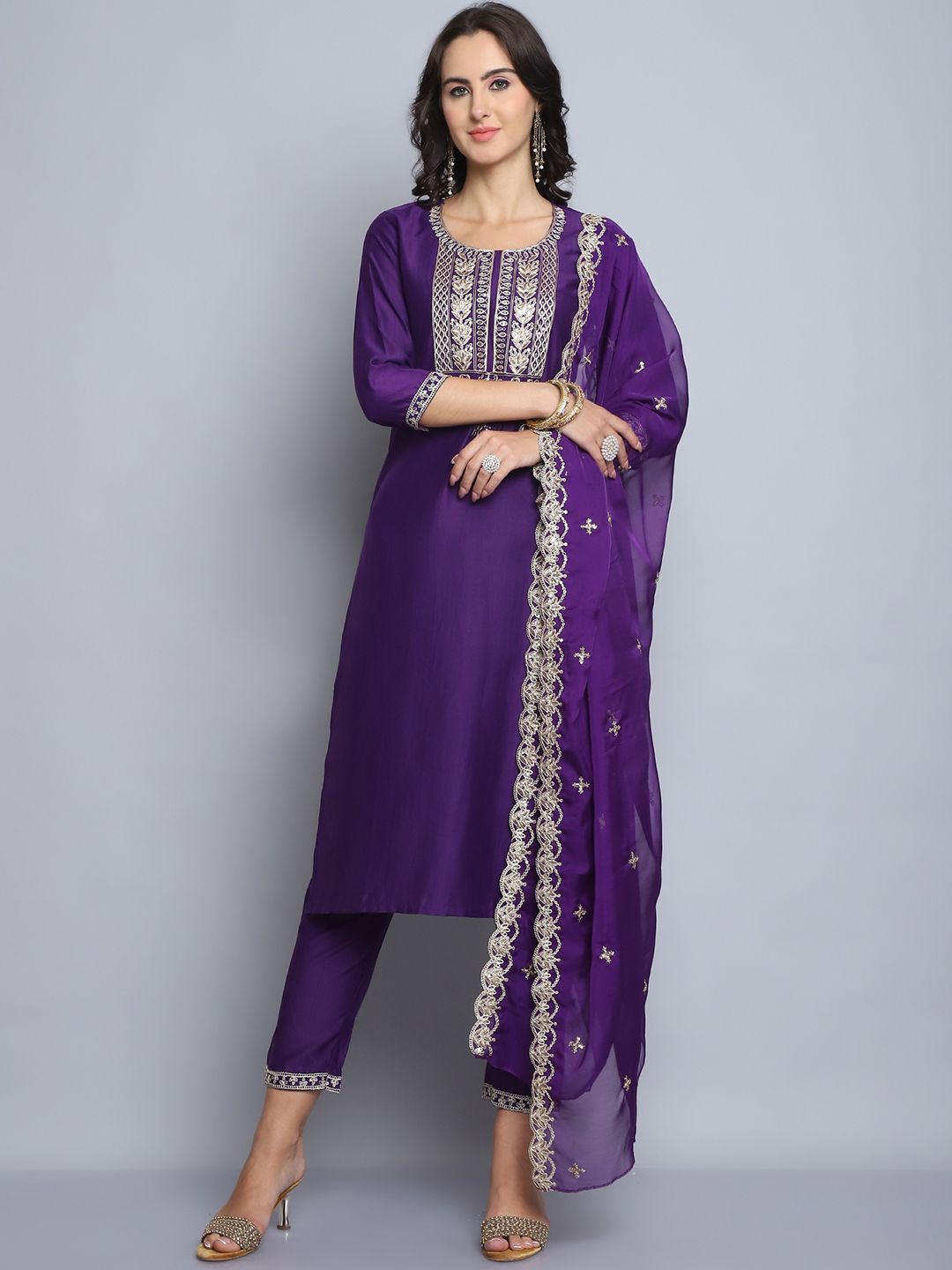 

KLOSIA Ethnic Motifs Embroidered Pure Silk Straight Kurta with Trousers & With Dupatta, Purple