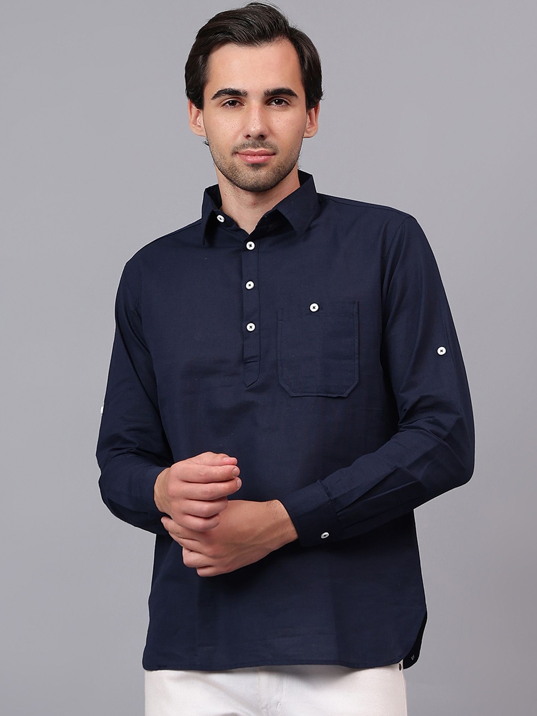 

Yugnik Shirt Collar Roll Up Sleeves Cotton Straight Short Kurta, Navy blue