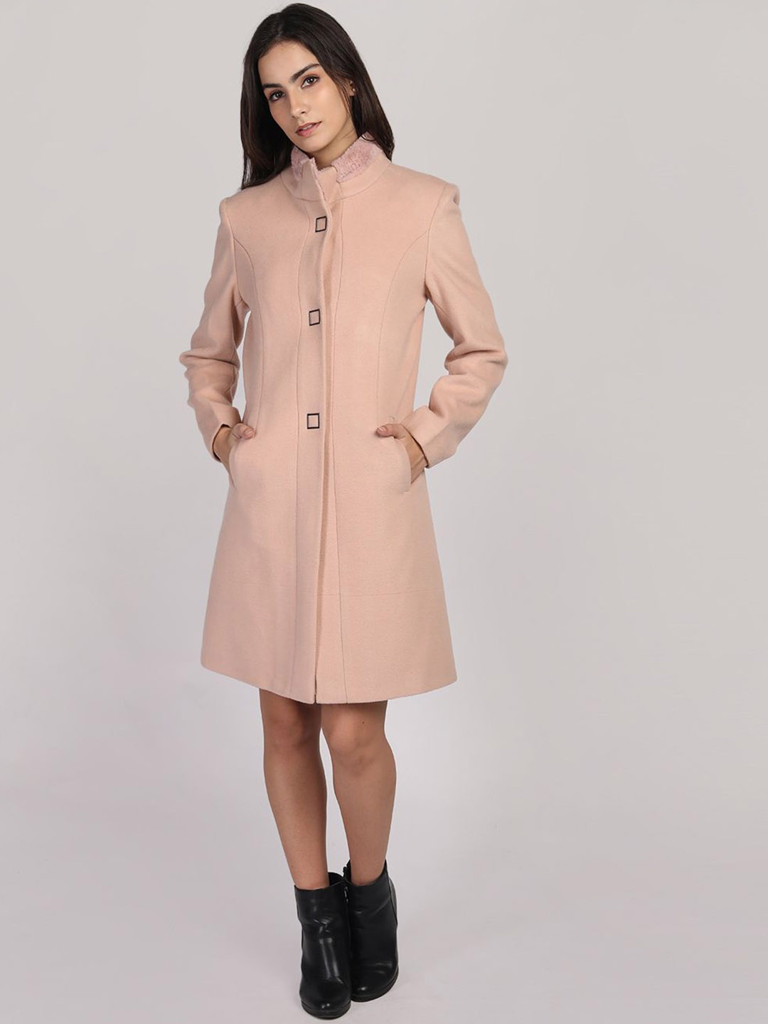 

PROTEX Women Single-Breasted Woollen Overcoat, Peach