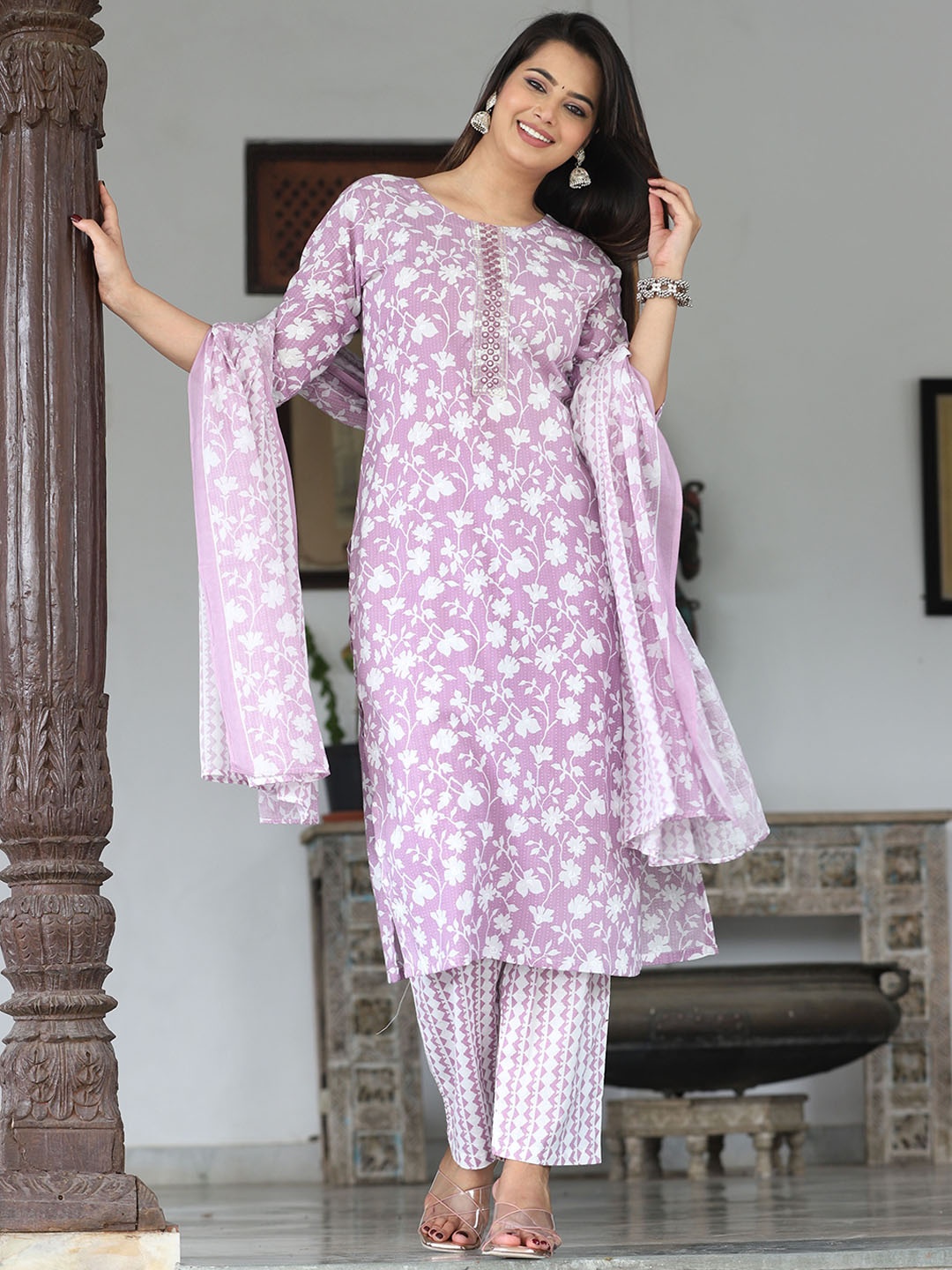 

G4Girl Floral Printed Mirror Work Pure Cotton Straight Kurta with Trousers & Dupatta, Lavender