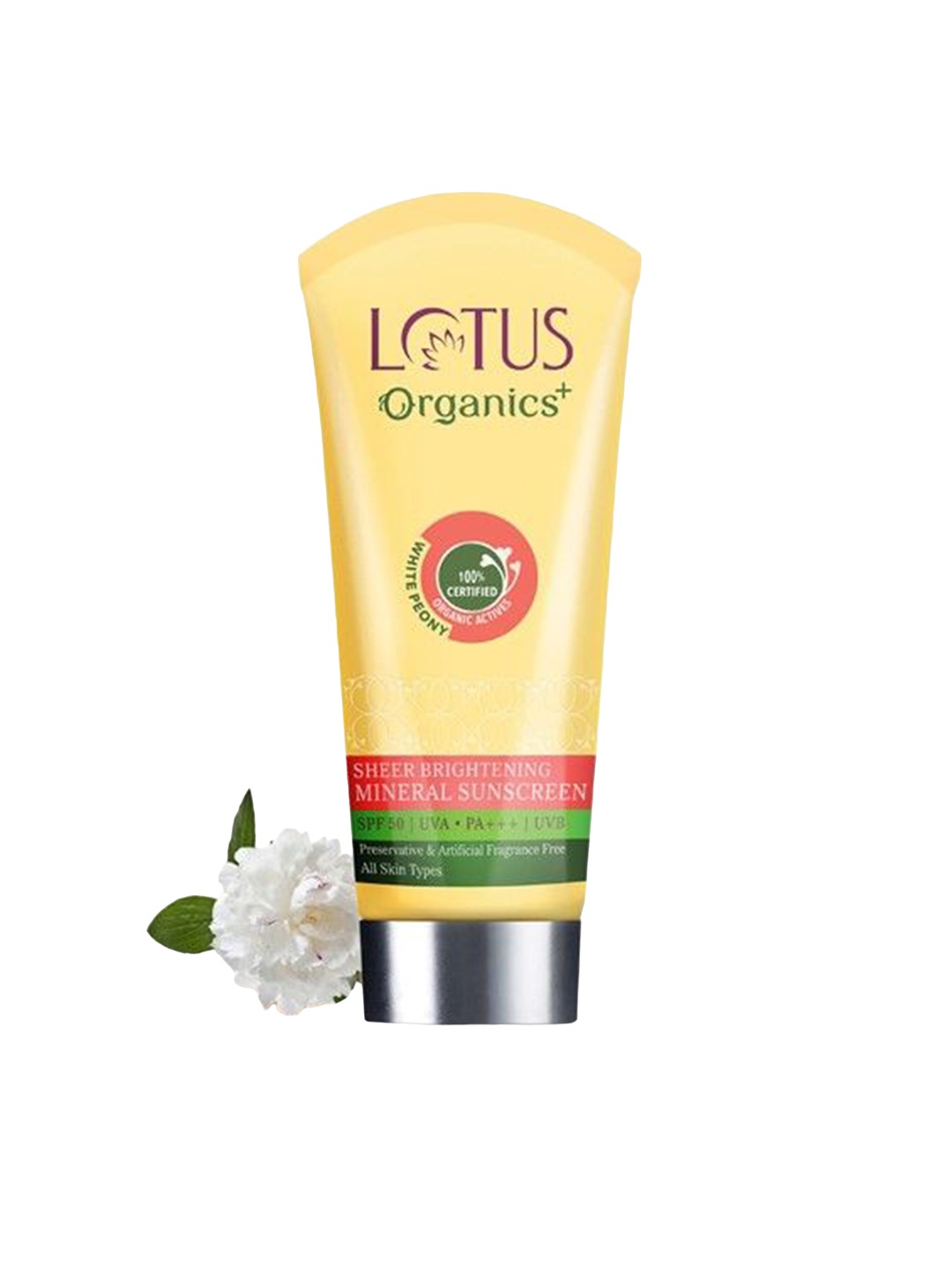 

Lotus Organics+ White Peony Sheer Brightening SPF 50 Mineral Sunscreen SPF50 - 100g, Yellow