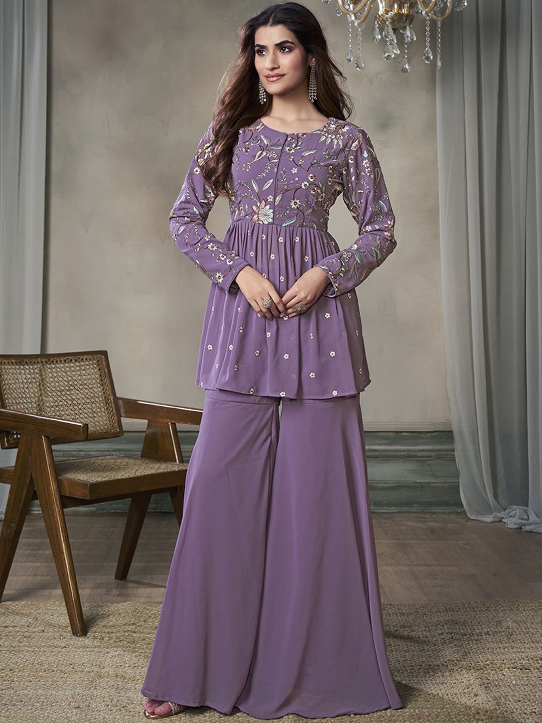 

Inddus Floral Embroidered Pleated Georgette A-Line Kurta with Sharara, Purple