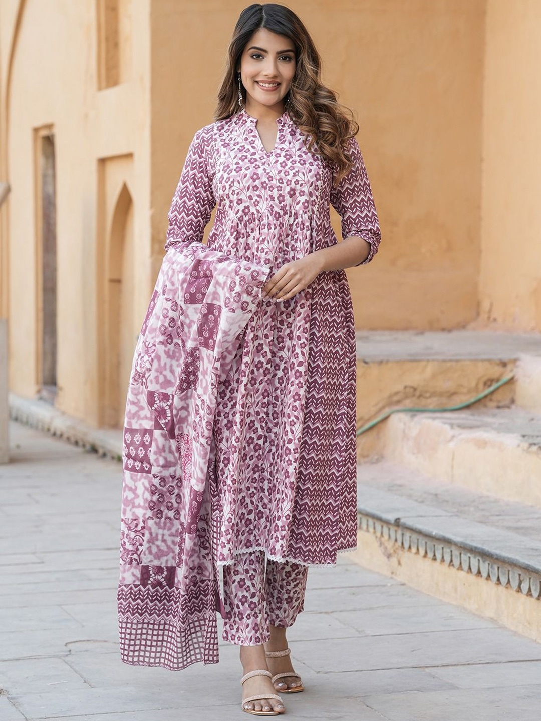 

KALINI Floral Printed Pure Cotton Kurta With Trousers & Dupatta, Mauve