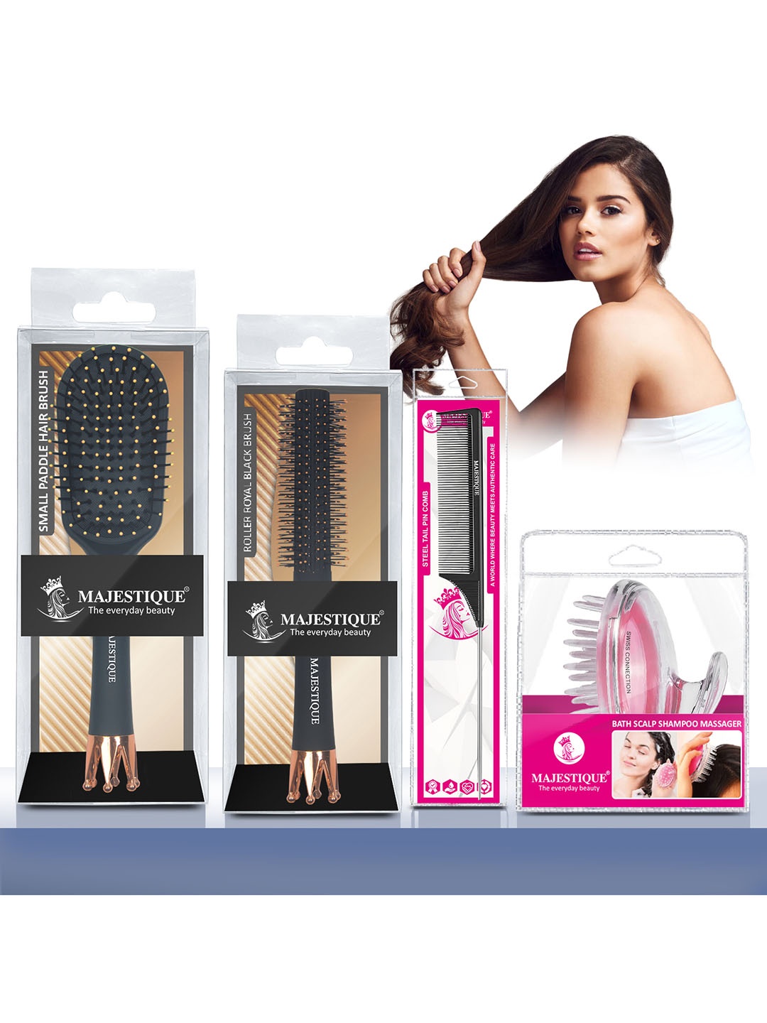 

MAJESTIQUE Set of 4 Hair Brush Set, Black