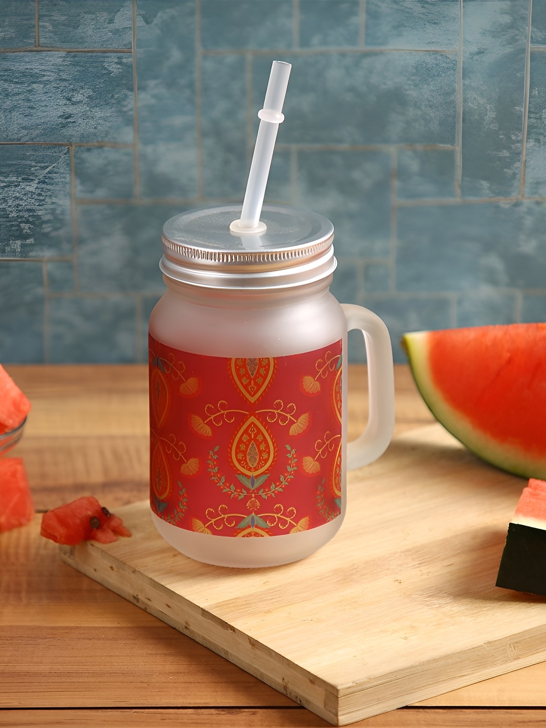 

PENTADECO Red & Green Printed Matte Glass Mason Jars With Lid & Straw