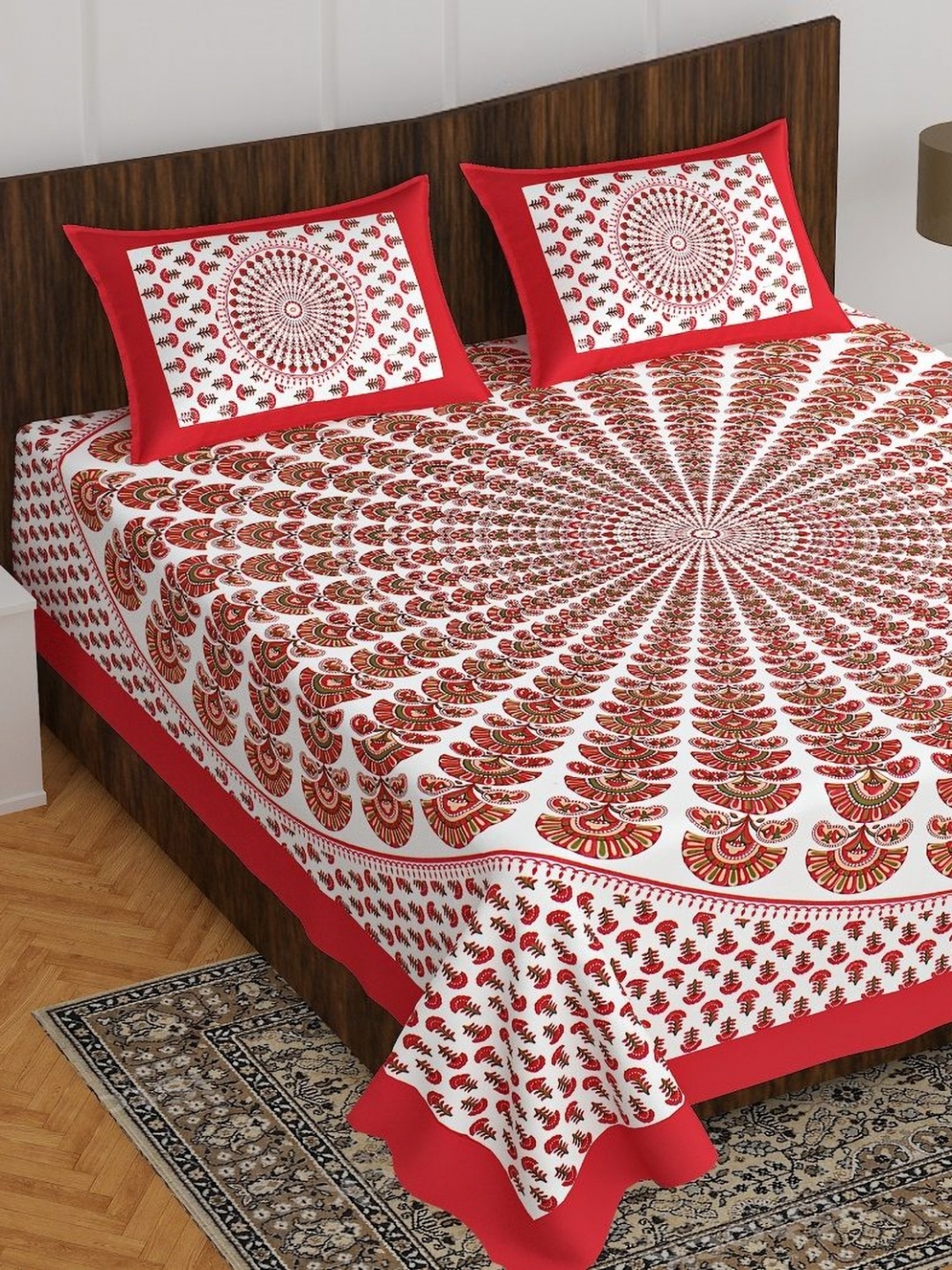 

AYAT COLLECTION Red & White Ethnic 144 TC Pure Cotton Queen Bedsheet with 2 Pillow Covers