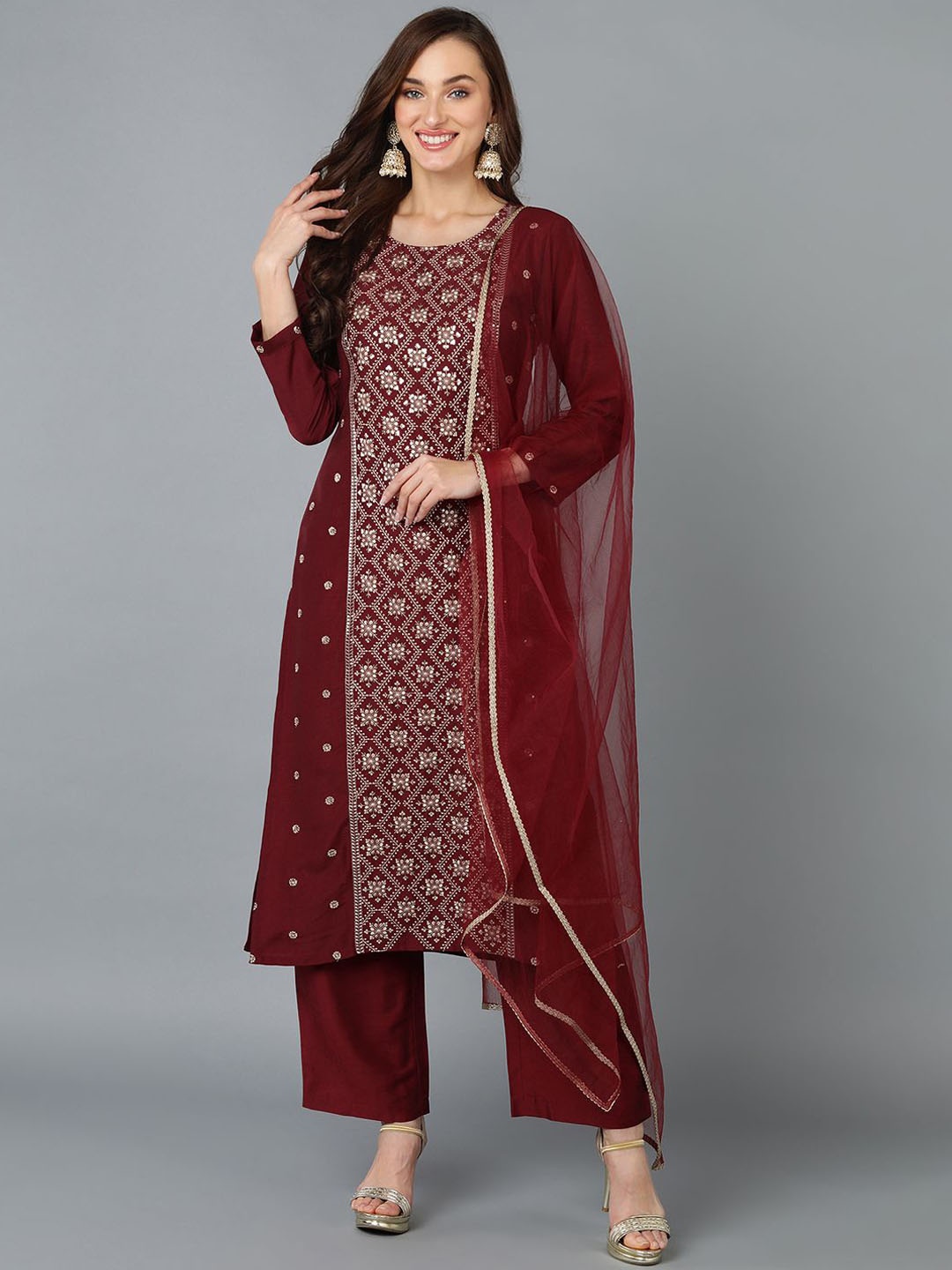 

KALINI Ethnic Motifs Embroidered Kurta with Trousers & Dupatta, Maroon