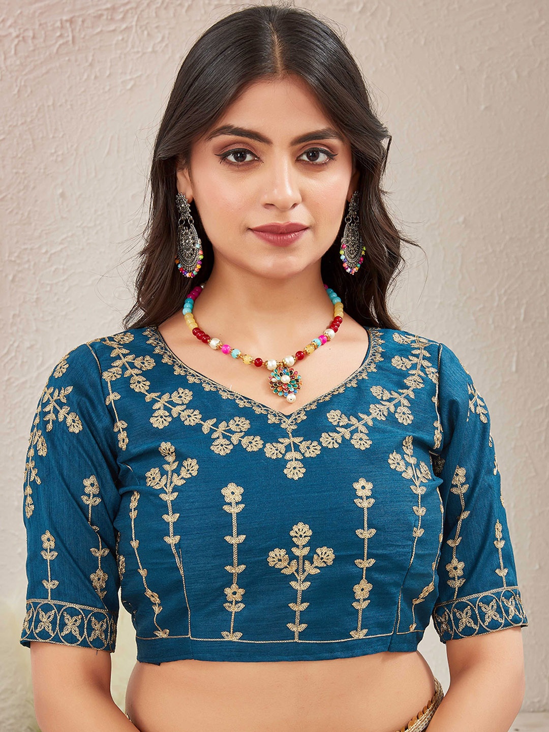 

Globon Impex Embroidered Silk Saree Blouse, Teal