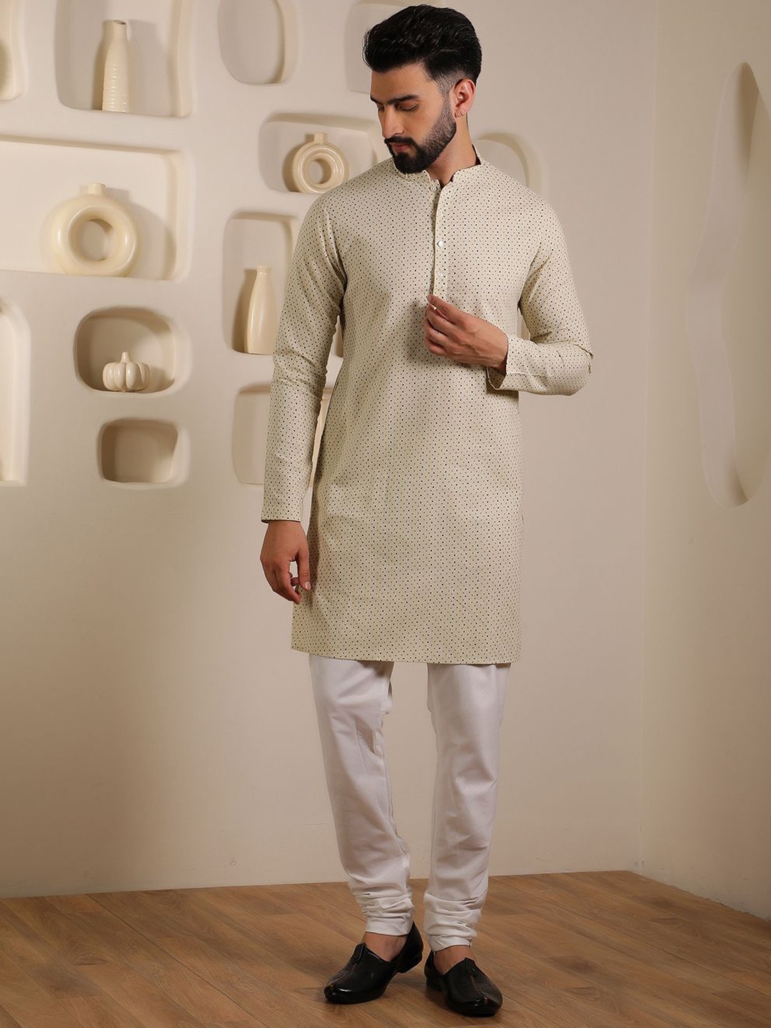 

Anouk Men Ethnic Motifs Printed Regular Pure Cotton Kurta with Churidar, Cream