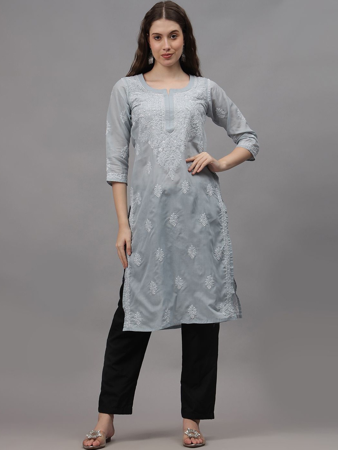 

Seva Chikan Women Ethnic Motifs Embroidered Chikankari Handloom Kurta, Grey