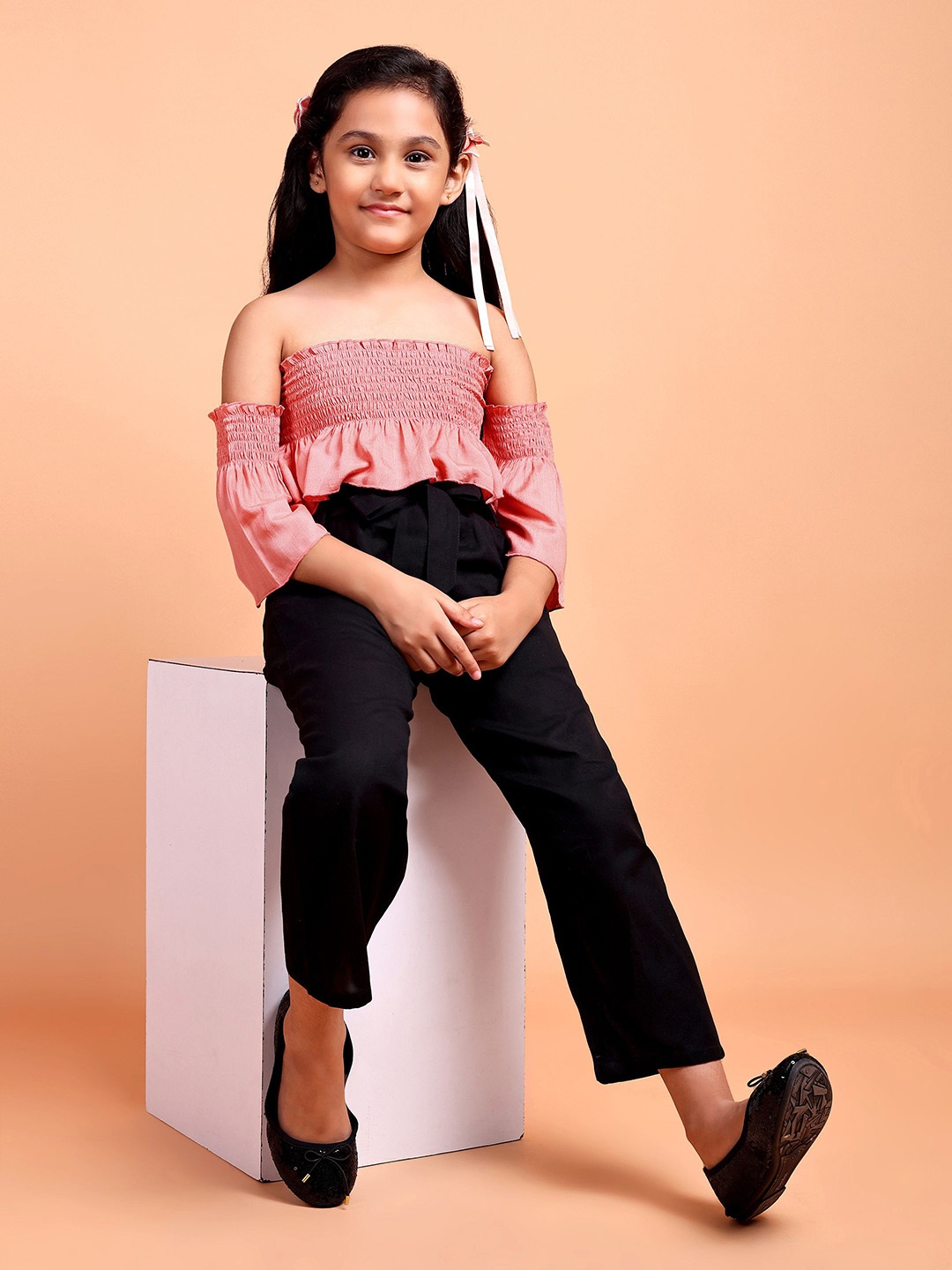 

YK Girls Off Shoulder Smocked Top with Trousers, Peach