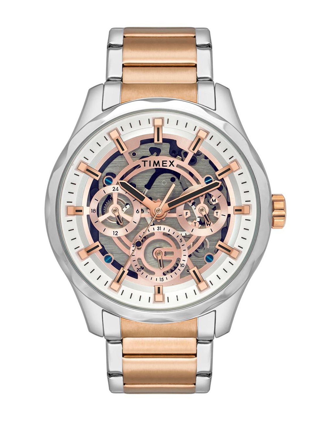 

Timex Men Brass Skeleton Dial & Stainless Steel Straps Analogue Watch TW0TG7629, Rose gold